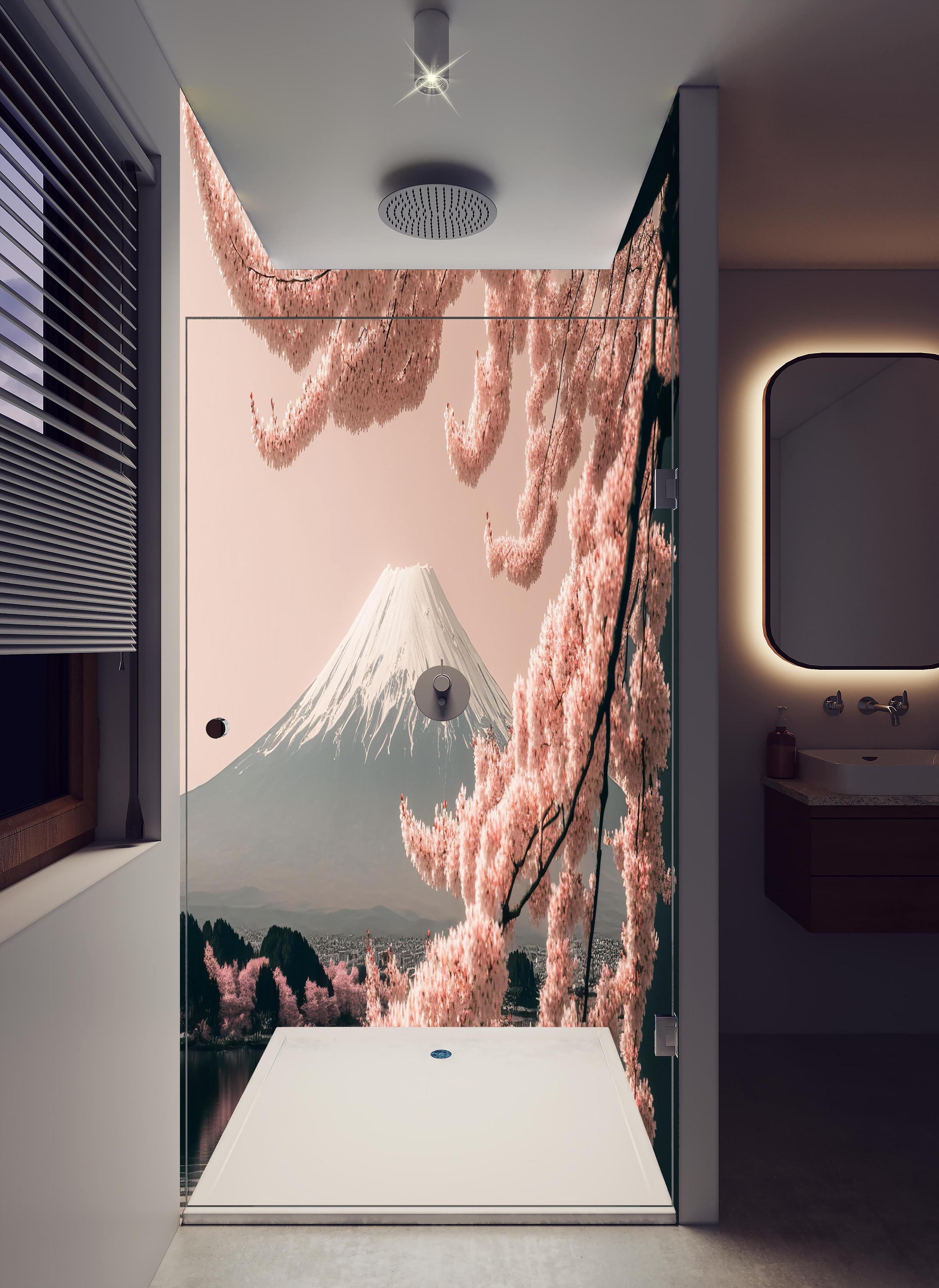 Duschrückwand - Sakura Baum mit Fuji Berg im Hintergrund in hellem Badezimmer mit Regenduschkopf - zweiteilige Eck-Duschrückwand