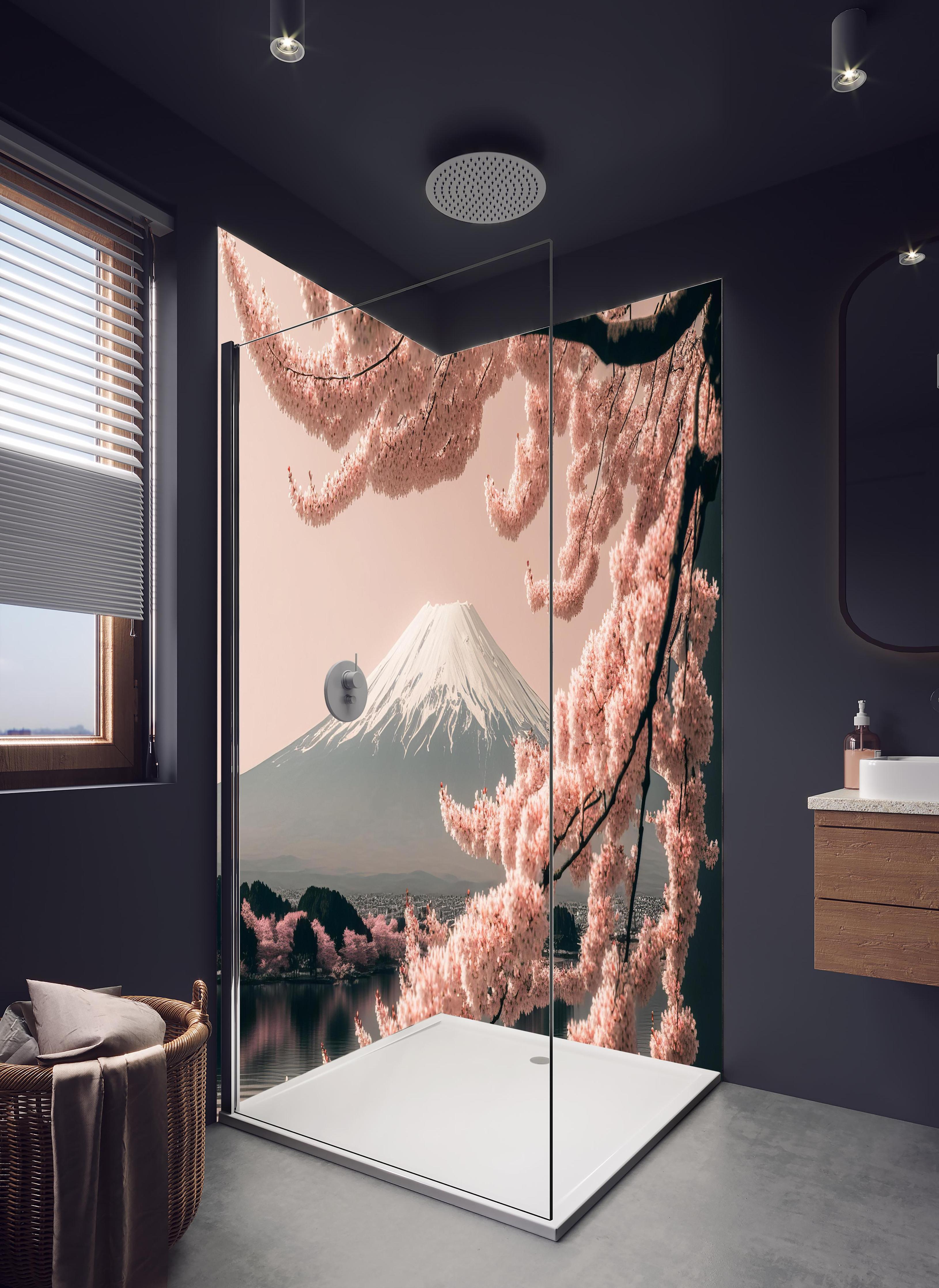 Duschrückwand - Sakura Baum mit Fuji Berg im Hintergrund in hellem Badezimmer mit Regenduschkopf - zweiteilige Eck-Duschrückwand