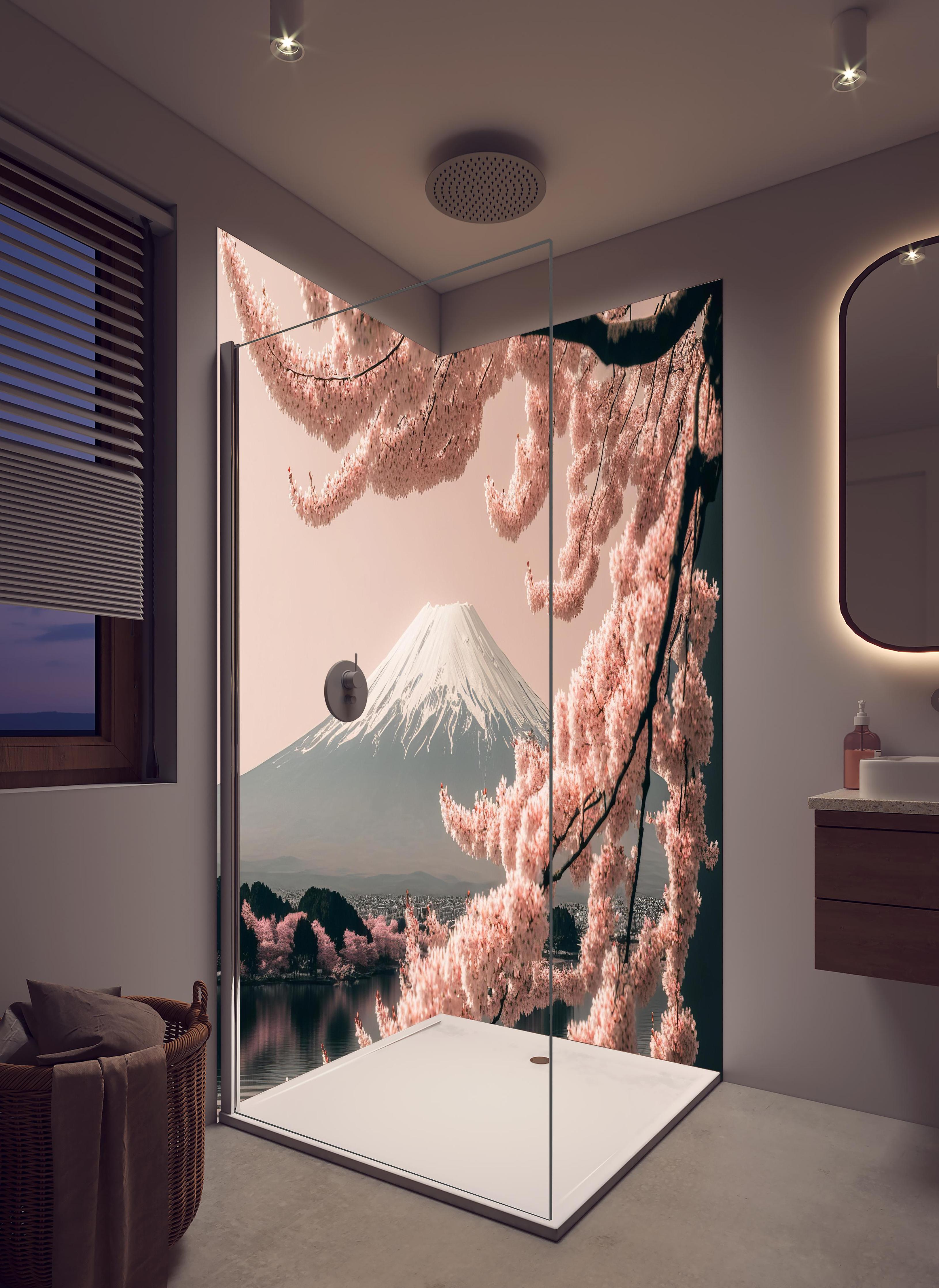 Duschrückwand - Sakura Baum mit Fuji Berg im Hintergrund in hellem Badezimmer mit Regenduschkopf - zweiteilige Eck-Duschrückwand