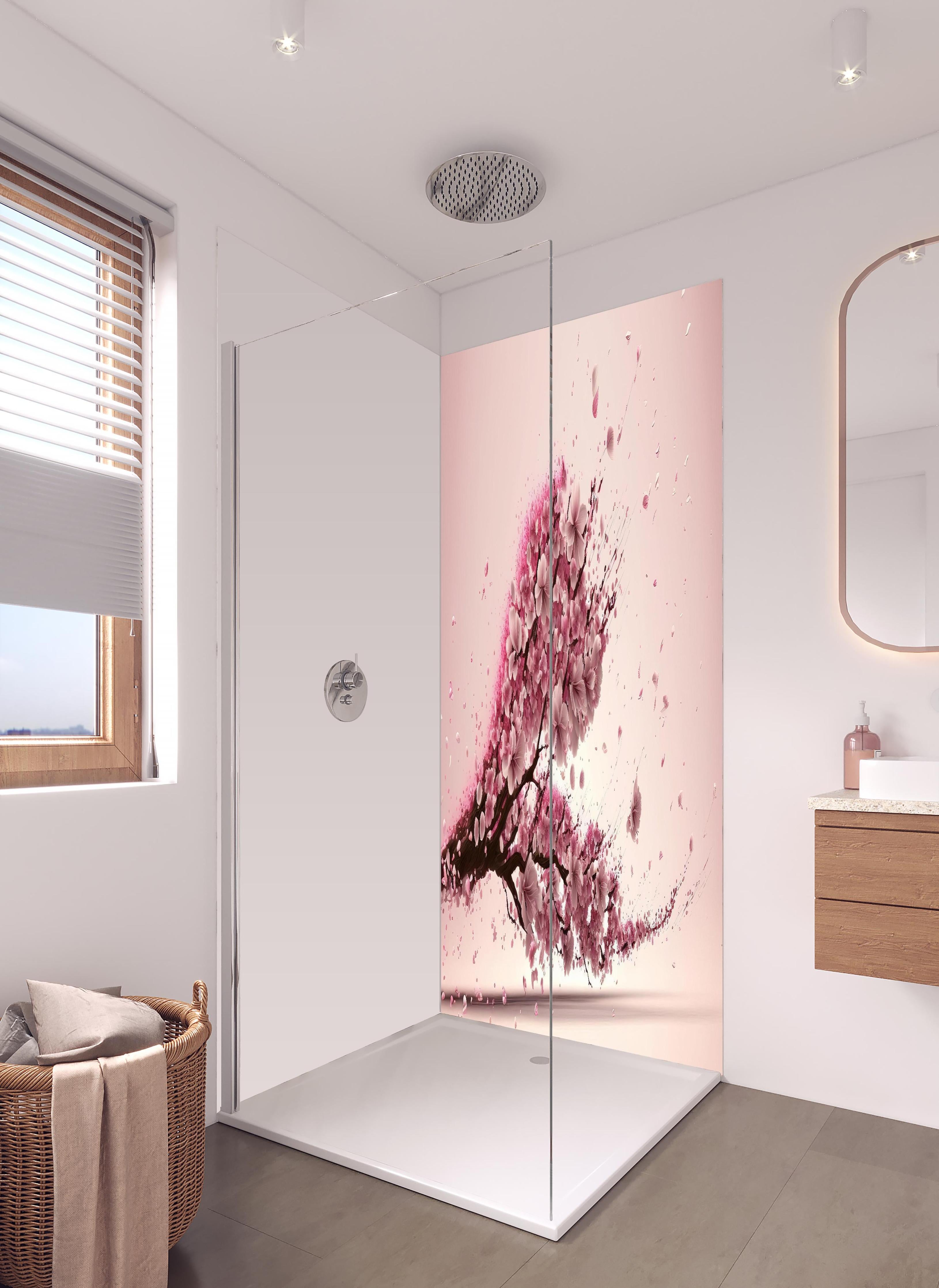 Duschrückwand - Sakura Blüte Rosa Dynamische Tintenkunst in hellem Badezimmer mit Regenduschkopf - zweiteilige Eck-Duschrückwand