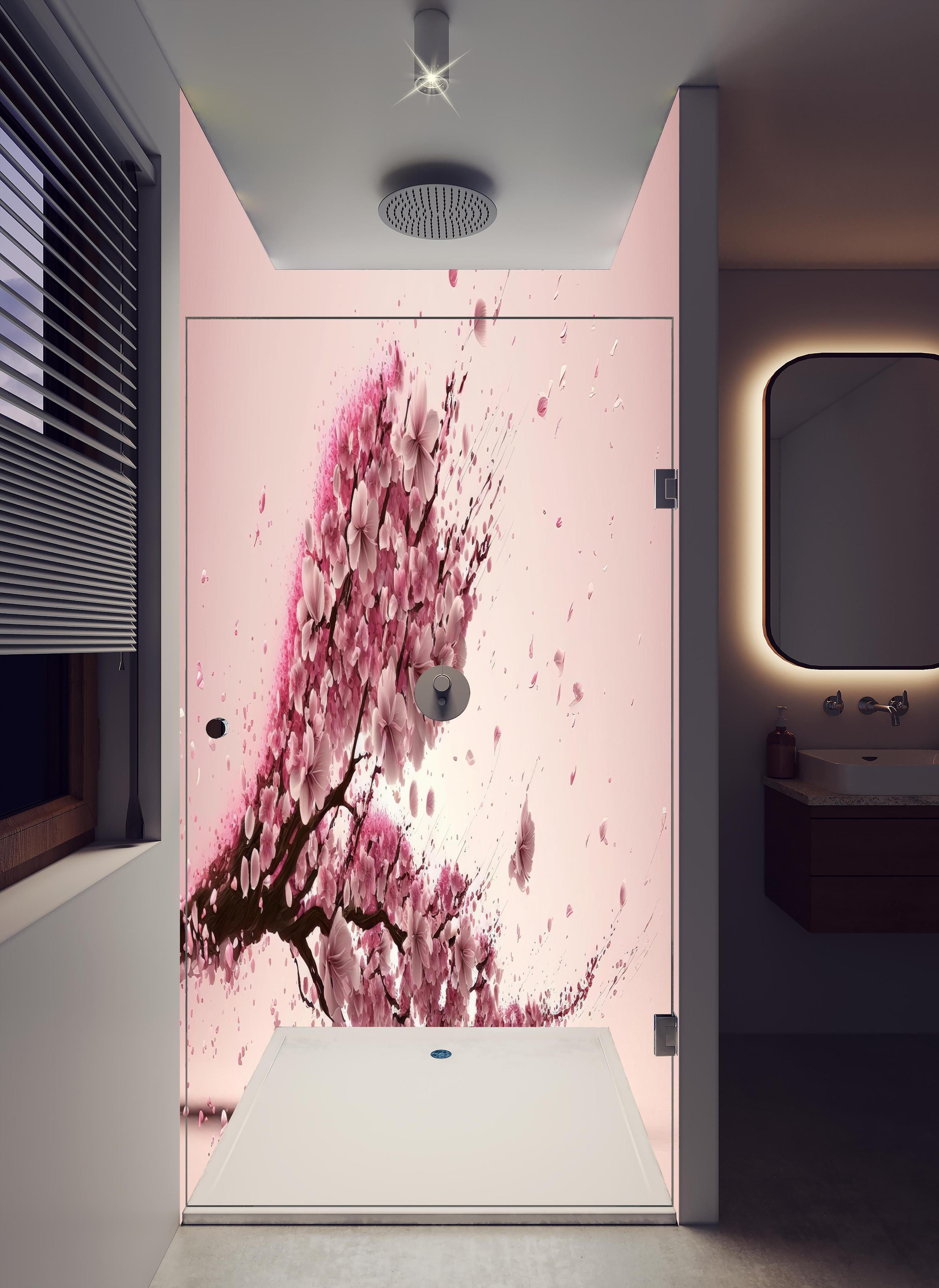 Duschrückwand - Sakura Blüte Rosa Dynamische Tintenkunst in hellem Badezimmer mit Regenduschkopf - zweiteilige Eck-Duschrückwand