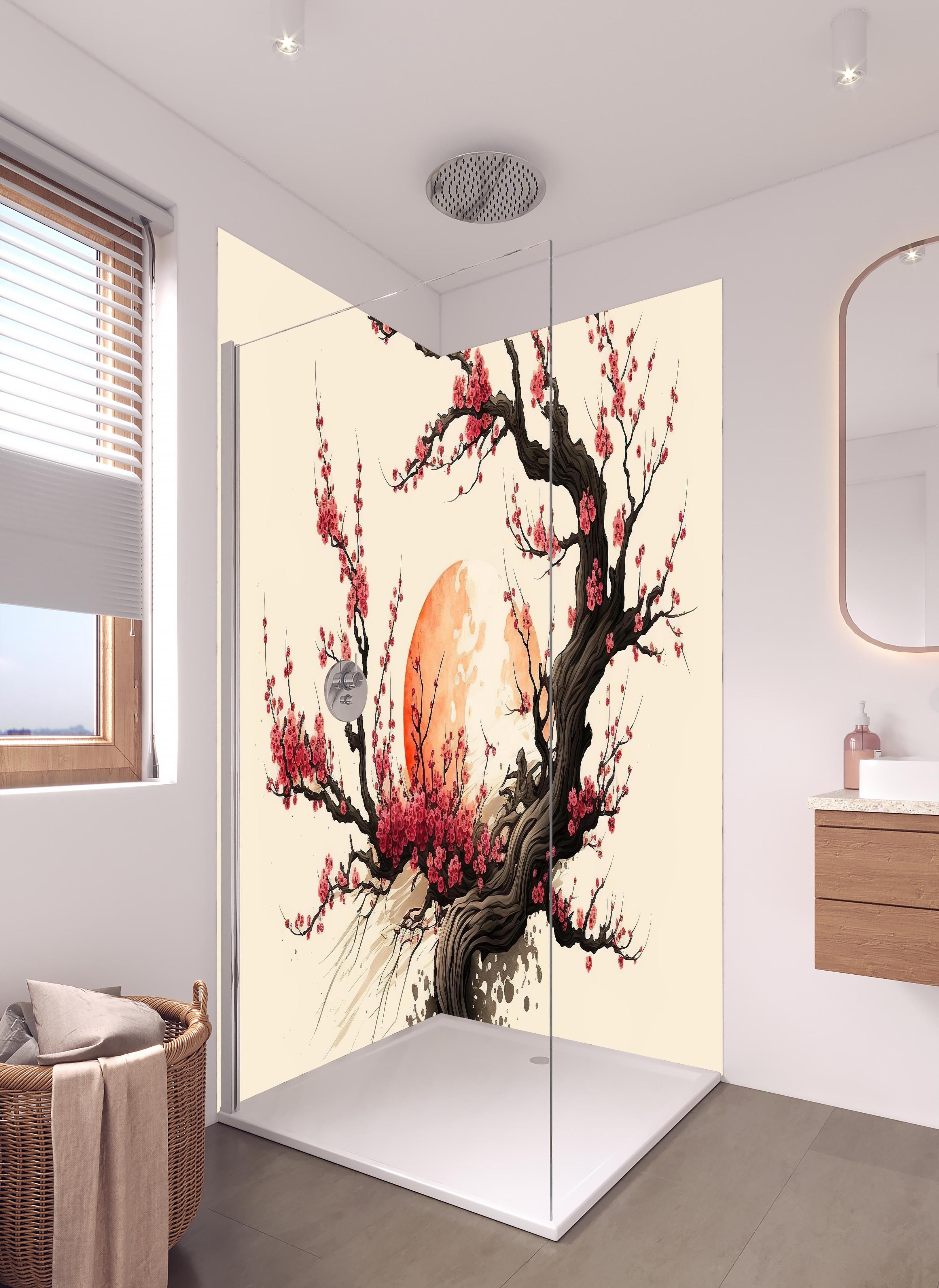 Duschrückwand - Sakura Kirschblüten Aquarell Ink Art in hellem Badezimmer mit Regenduschkopf - zweiteilige Eck-Duschrückwand