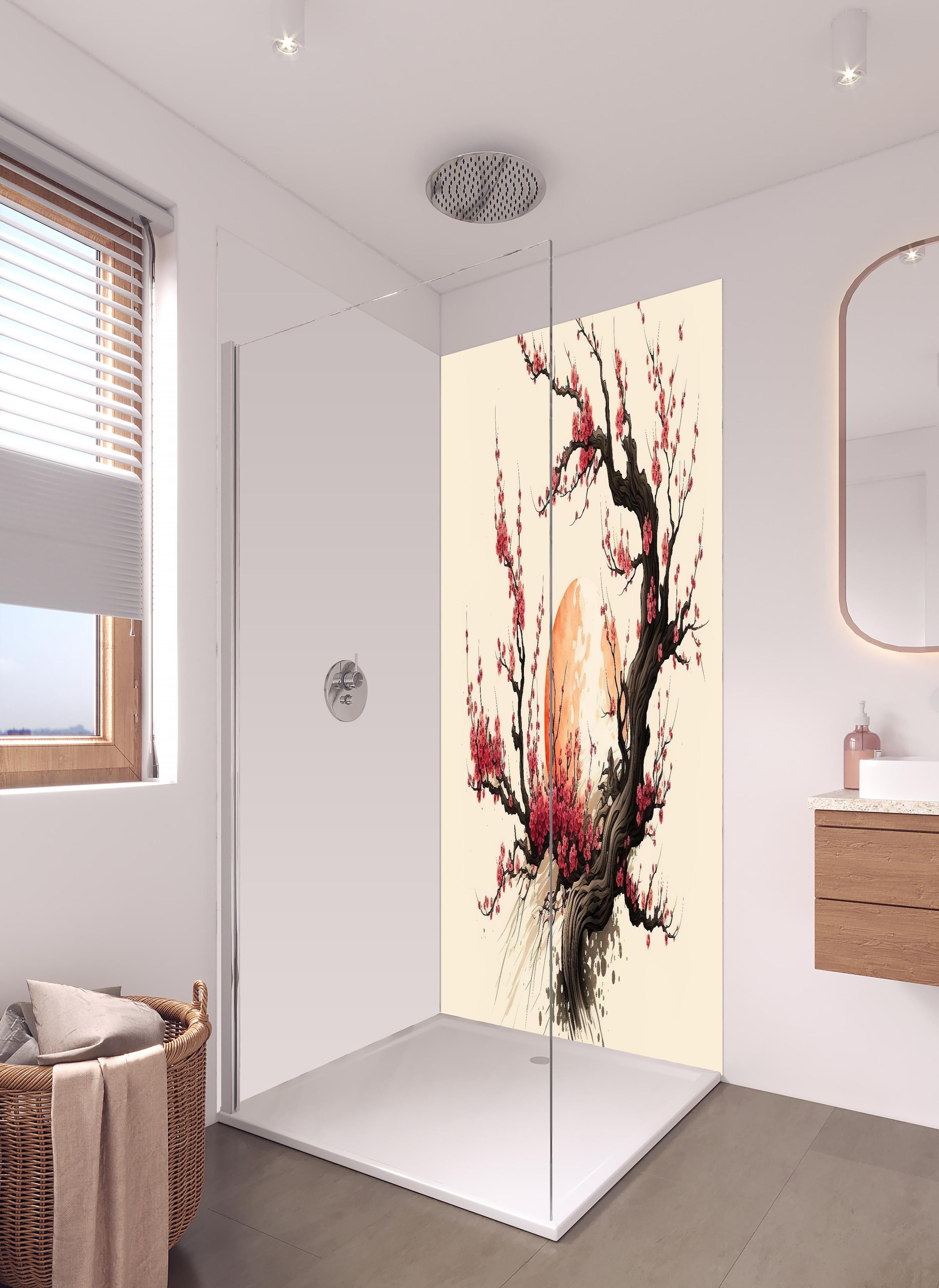 Duschrückwand - Sakura Kirschblüten Aquarell Ink Art in hellem Badezimmer mit Regenduschkopf - zweiteilige Eck-Duschrückwand