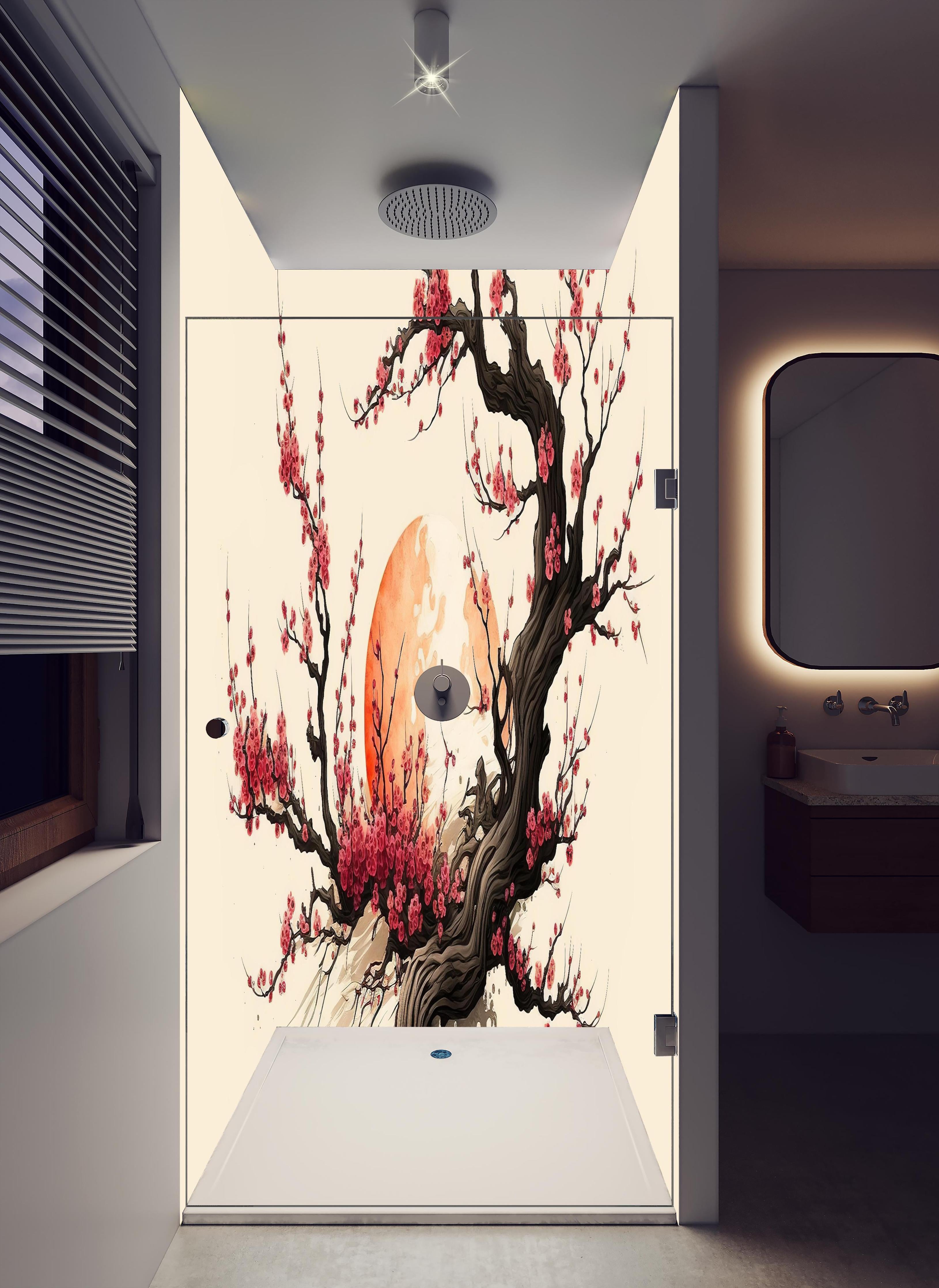 Duschrückwand - Sakura Kirschblüten Aquarell Ink Art in hellem Badezimmer mit Regenduschkopf - zweiteilige Eck-Duschrückwand