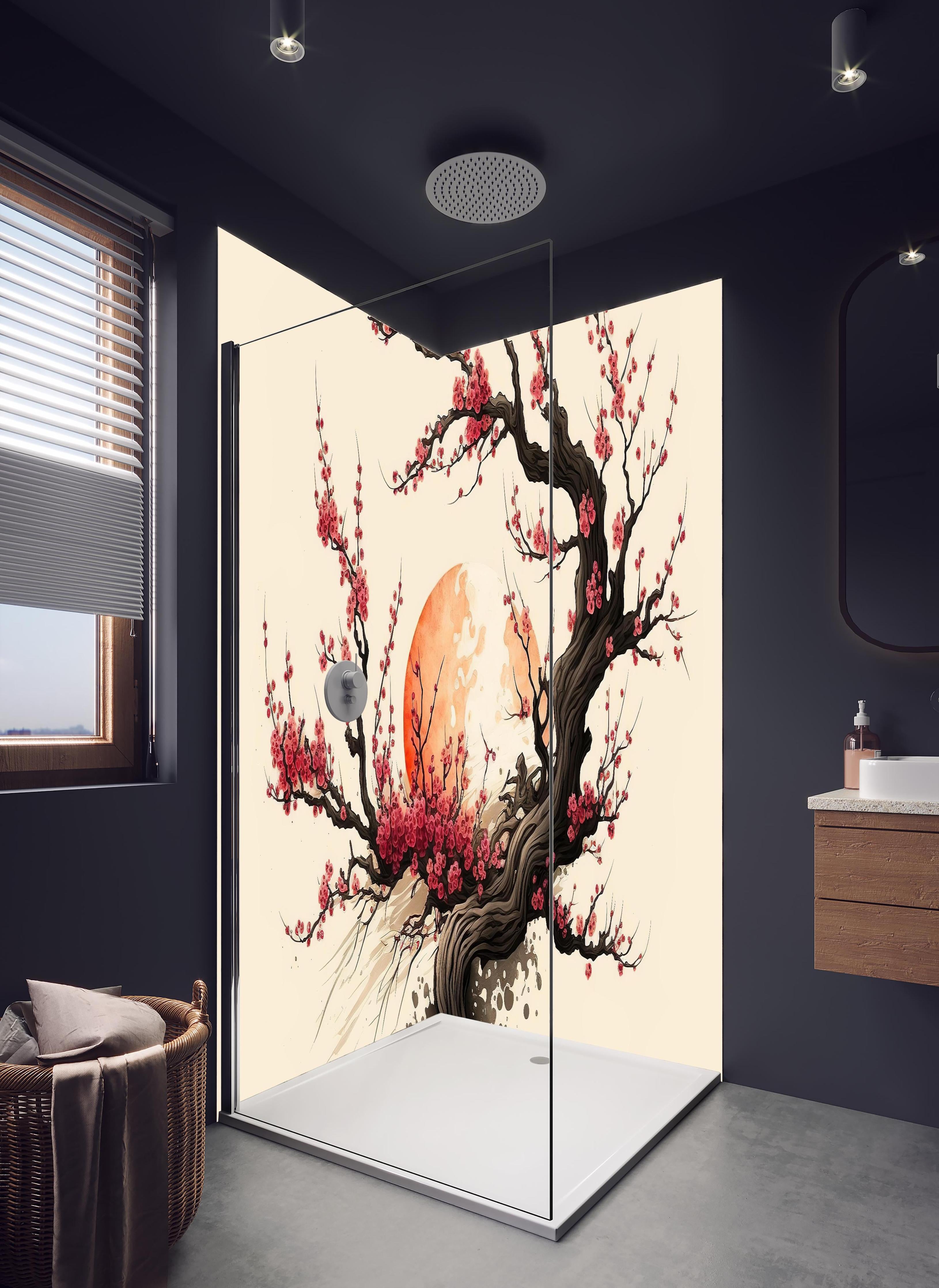 Duschrückwand - Sakura Kirschblüten Aquarell Ink Art in hellem Badezimmer mit Regenduschkopf - zweiteilige Eck-Duschrückwand