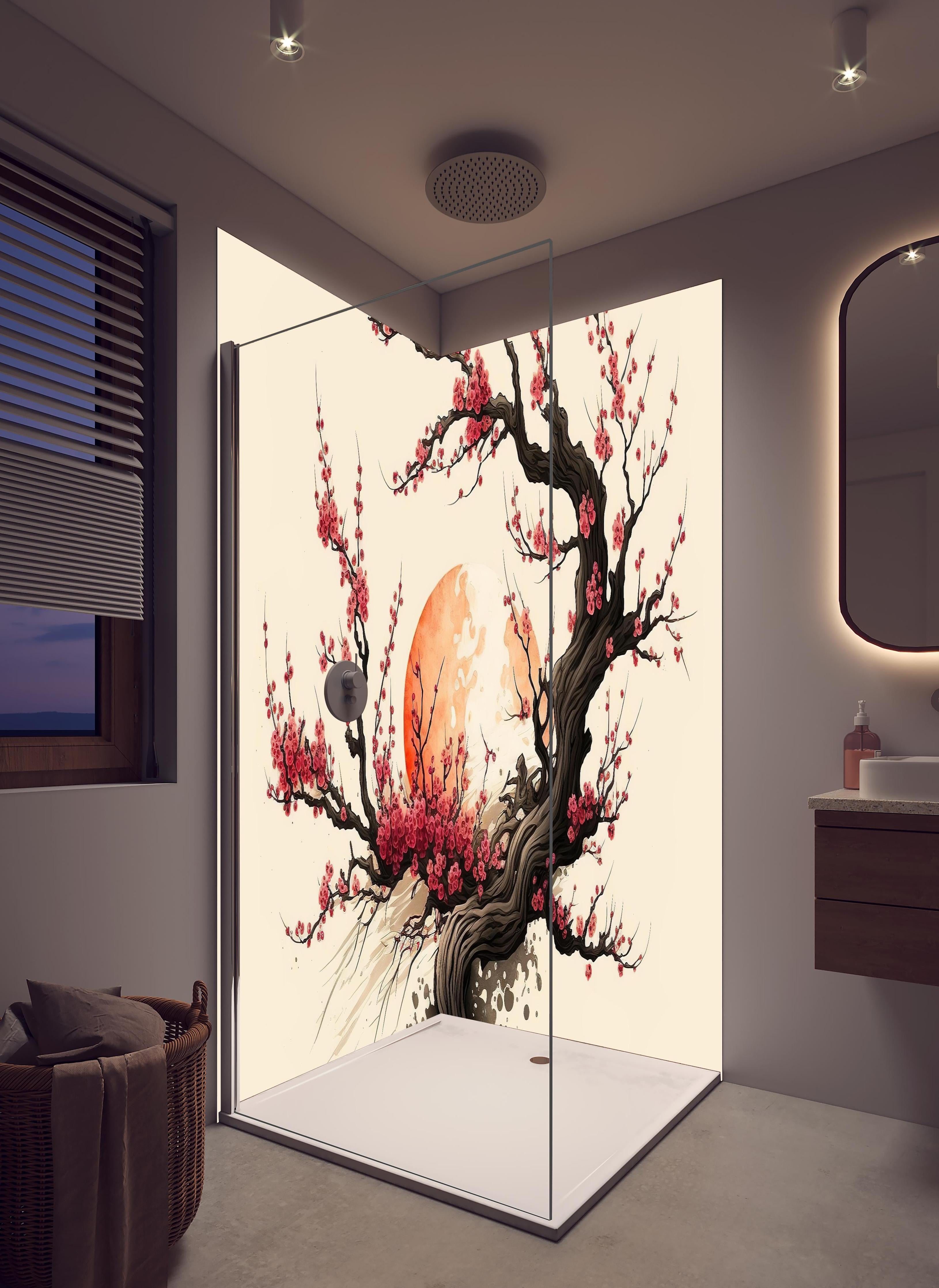 Duschrückwand - Sakura Kirschblüten Aquarell Ink Art in hellem Badezimmer mit Regenduschkopf - zweiteilige Eck-Duschrückwand