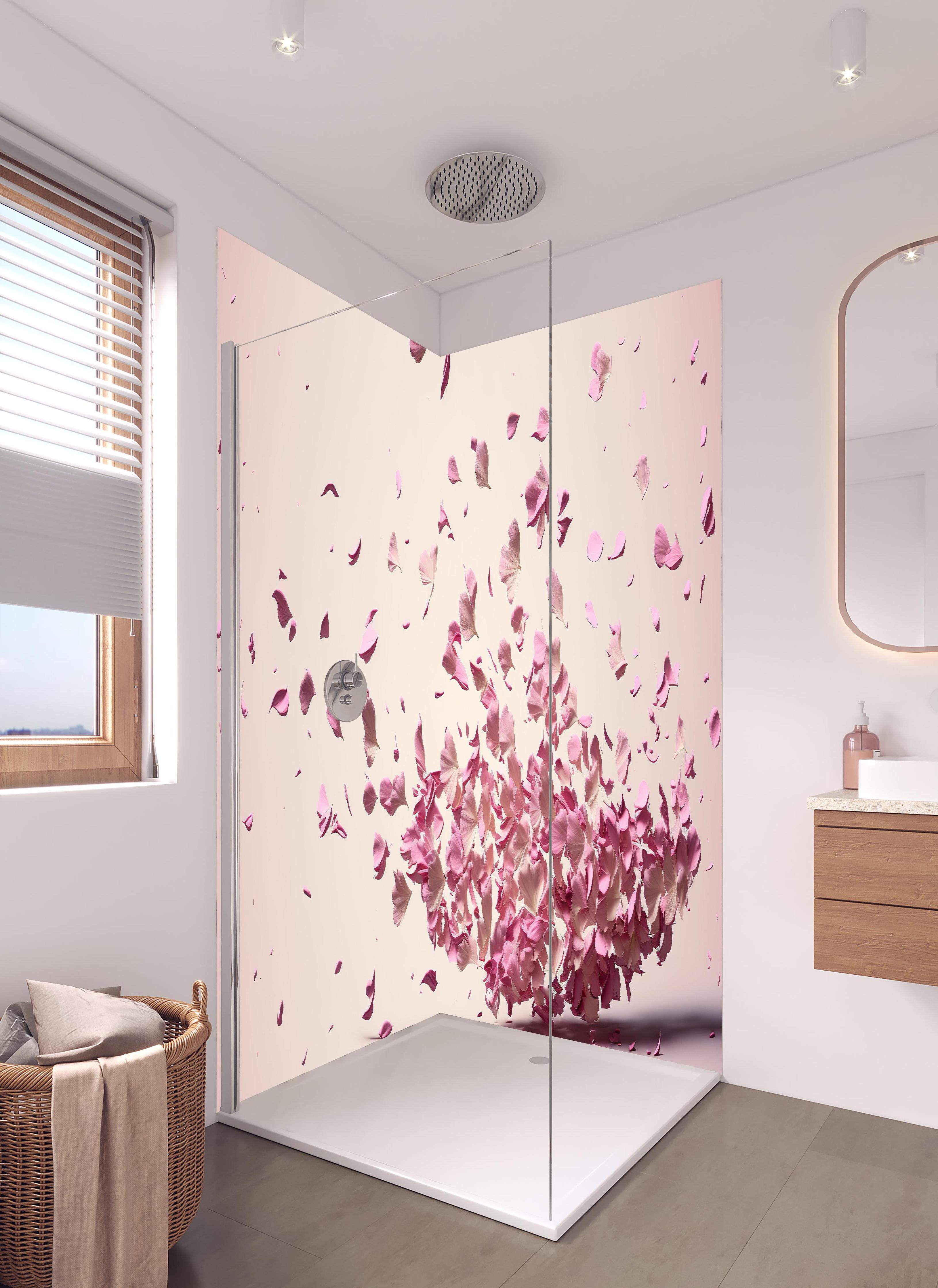 Duschrückwand - Sakura Kirschblüten Explosion in Pastellrosa in hellem Badezimmer mit Regenduschkopf - zweiteilige Eck-Duschrückwand
