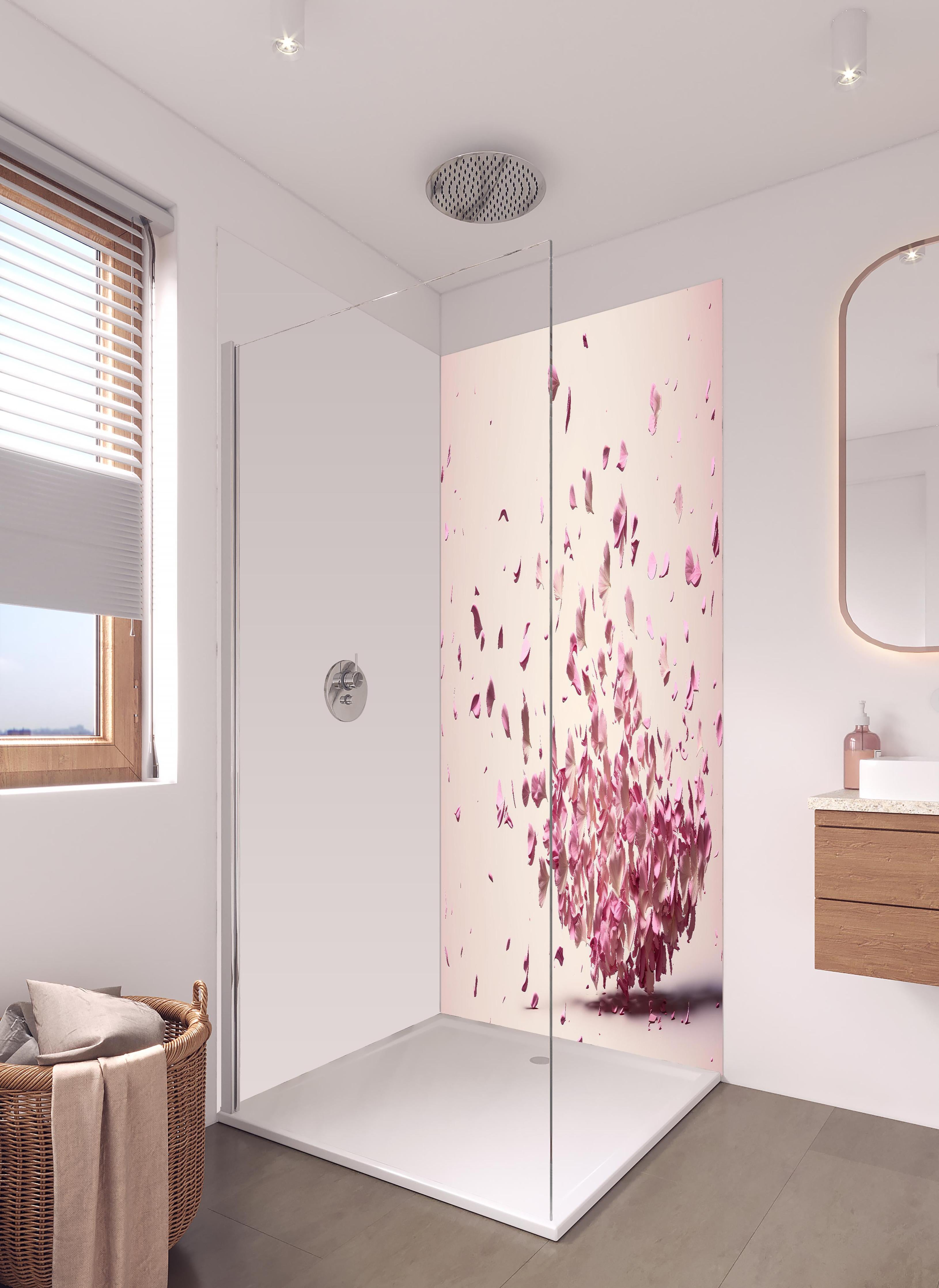 Duschrückwand - Sakura Kirschblüten Explosion in Pastellrosa in hellem Badezimmer mit Regenduschkopf - zweiteilige Eck-Duschrückwand