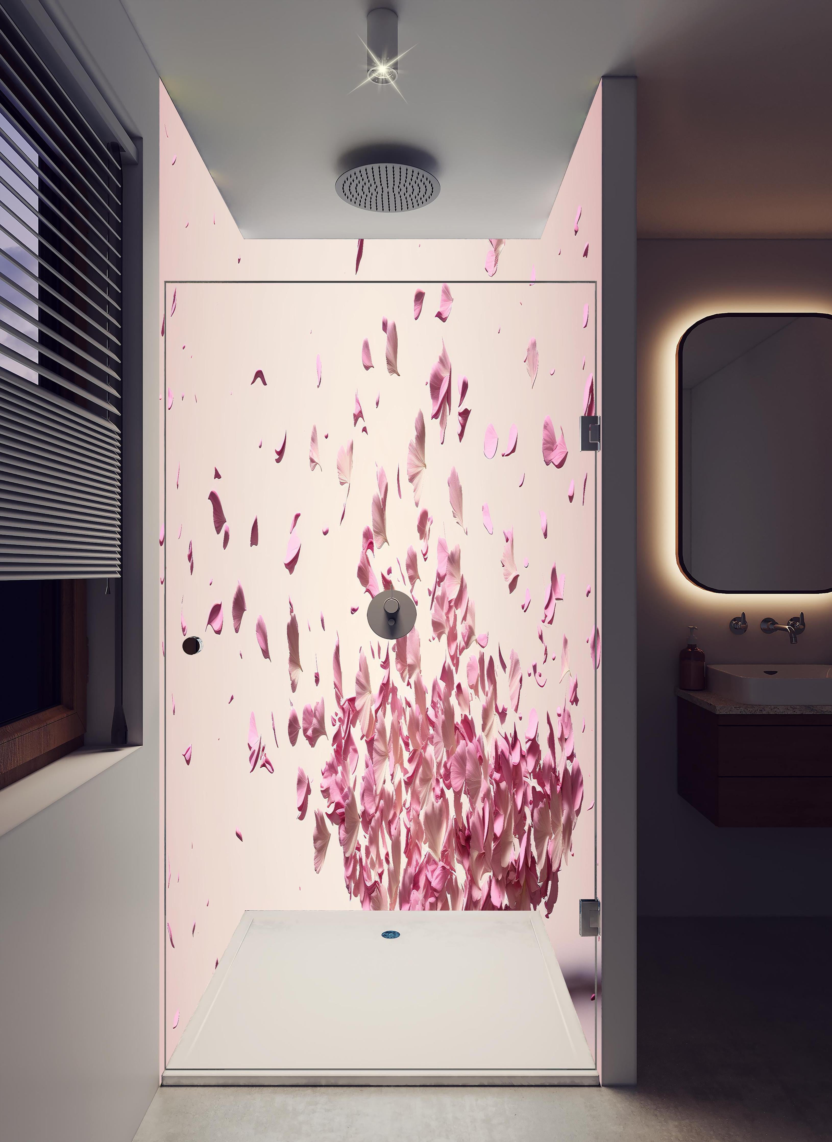 Duschrückwand - Sakura Kirschblüten Explosion in Pastellrosa in hellem Badezimmer mit Regenduschkopf - zweiteilige Eck-Duschrückwand
