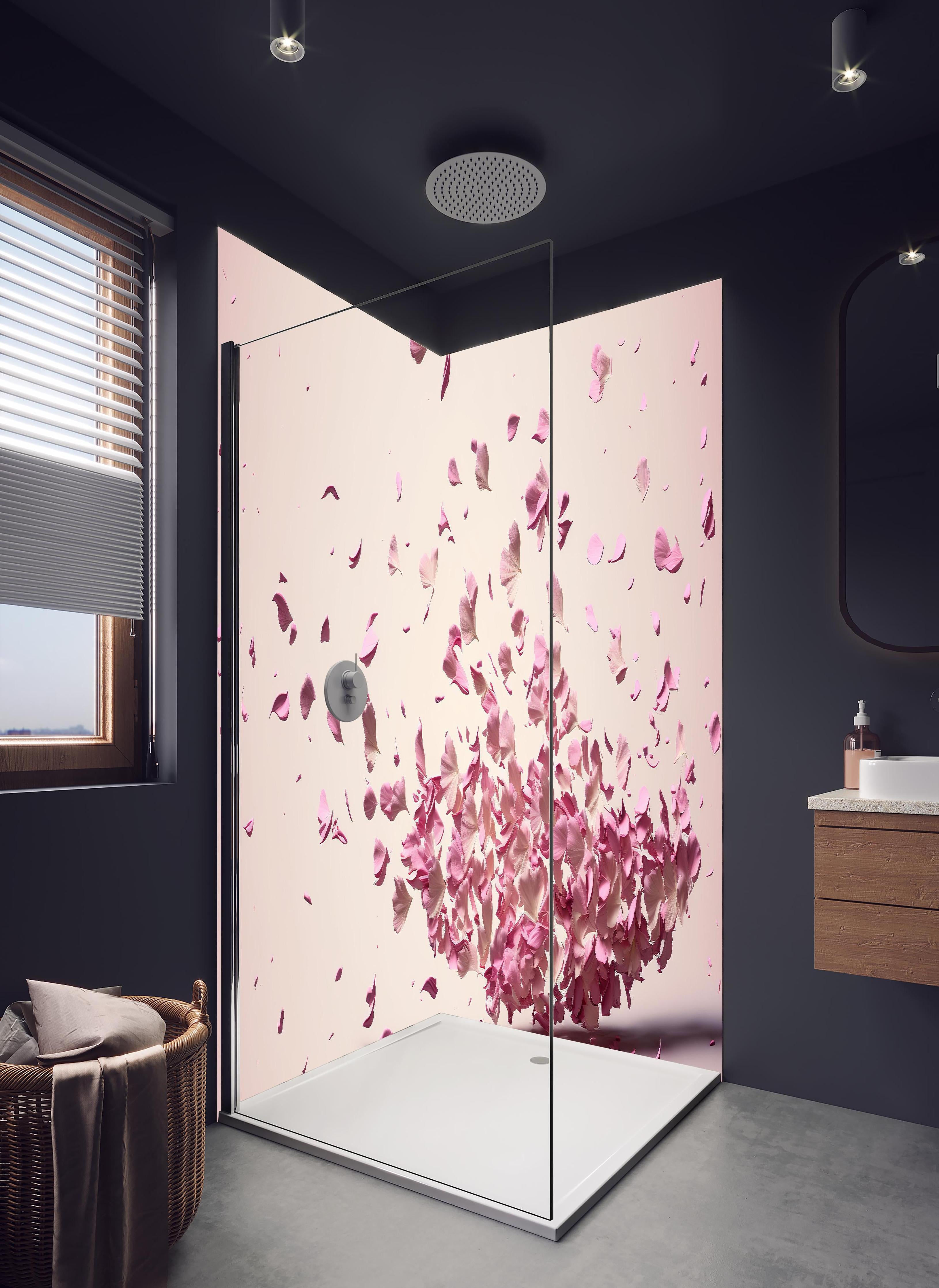 Duschrückwand - Sakura Kirschblüten Explosion in Pastellrosa in hellem Badezimmer mit Regenduschkopf - zweiteilige Eck-Duschrückwand