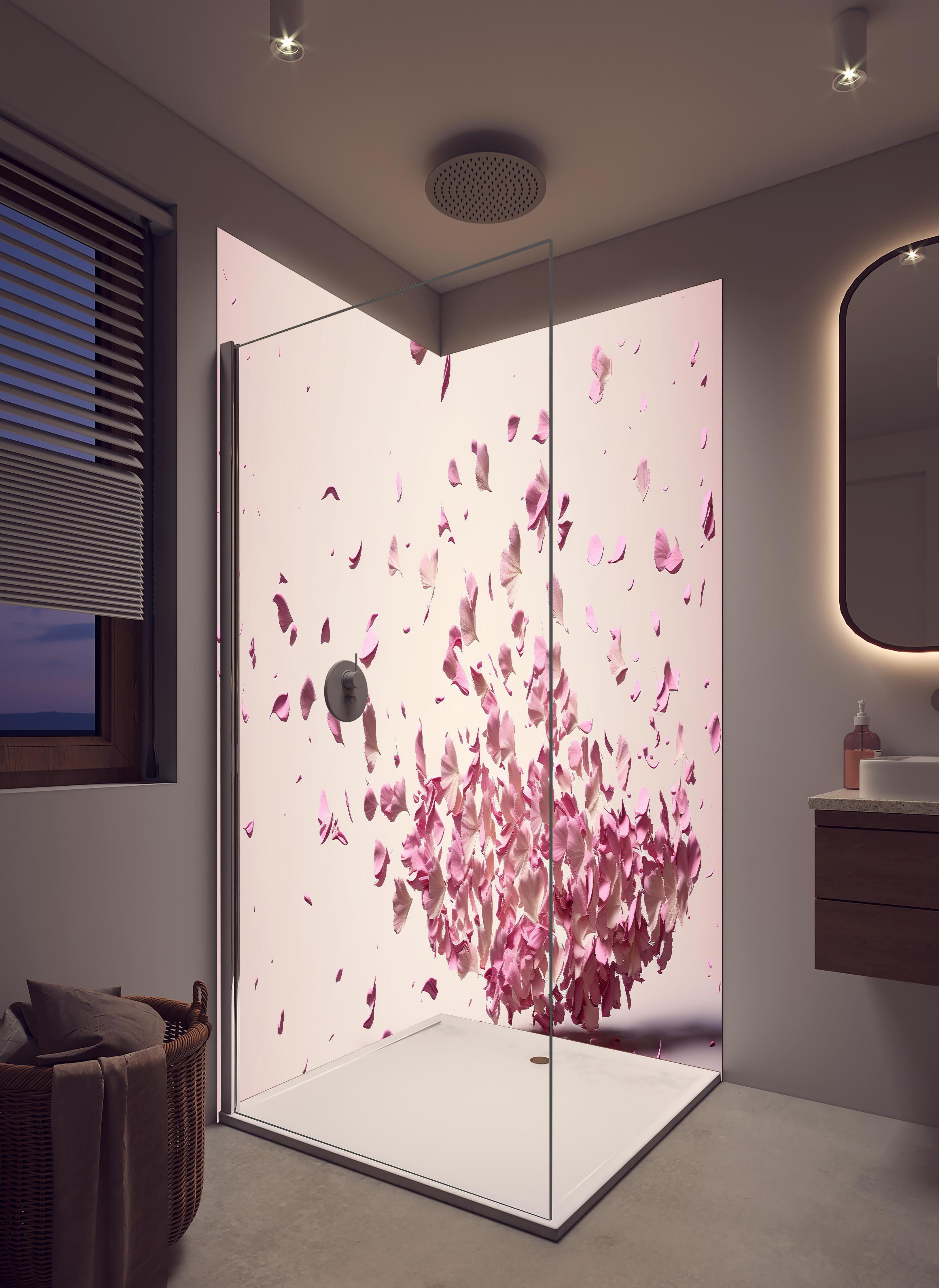 Duschrückwand - Sakura Kirschblüten Explosion in Pastellrosa in hellem Badezimmer mit Regenduschkopf - zweiteilige Eck-Duschrückwand