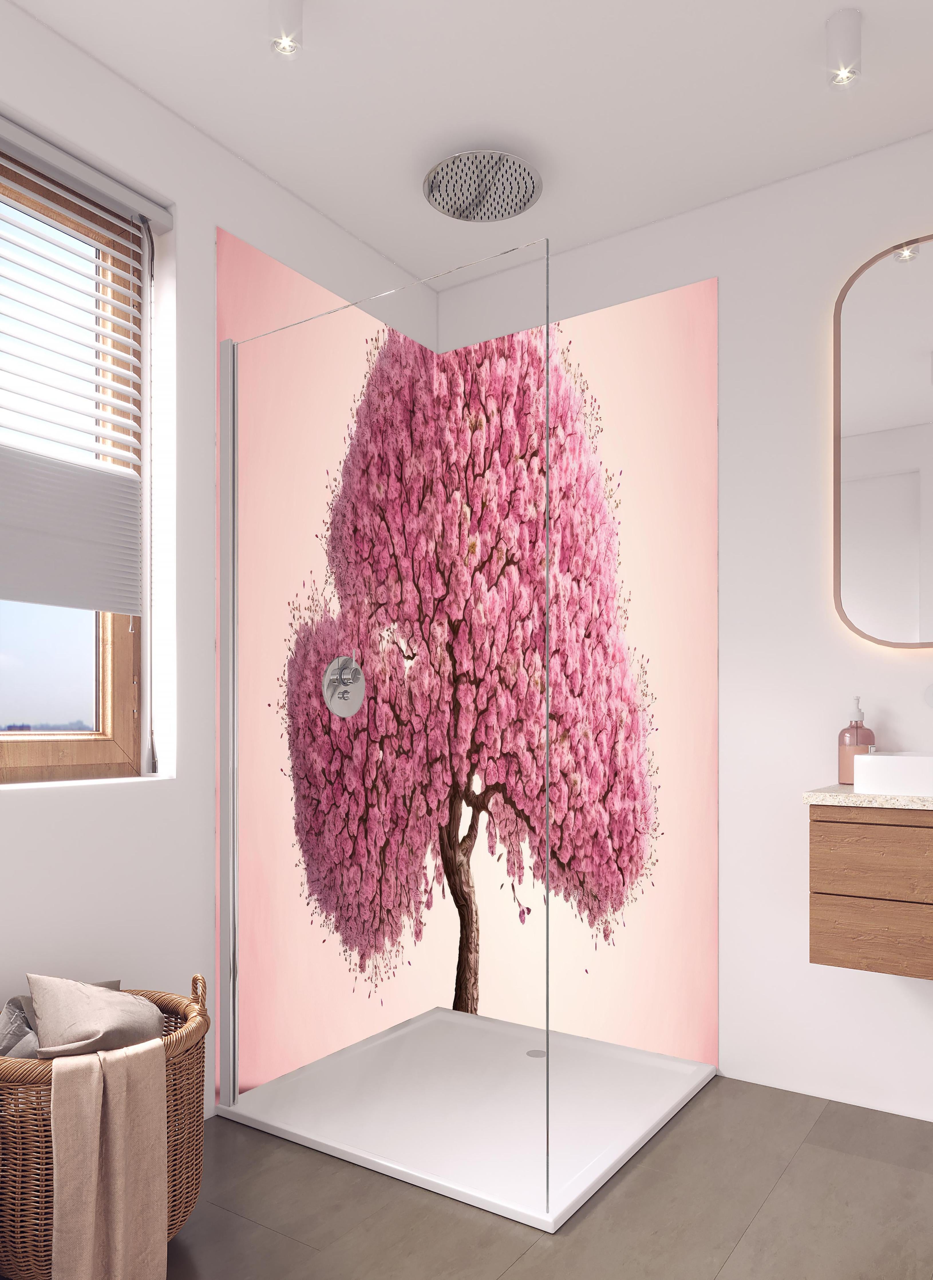 Duschrückwand - Sakura baum - KI generiert in hellem Badezimmer mit Regenduschkopf - zweiteilige Eck-Duschrückwand