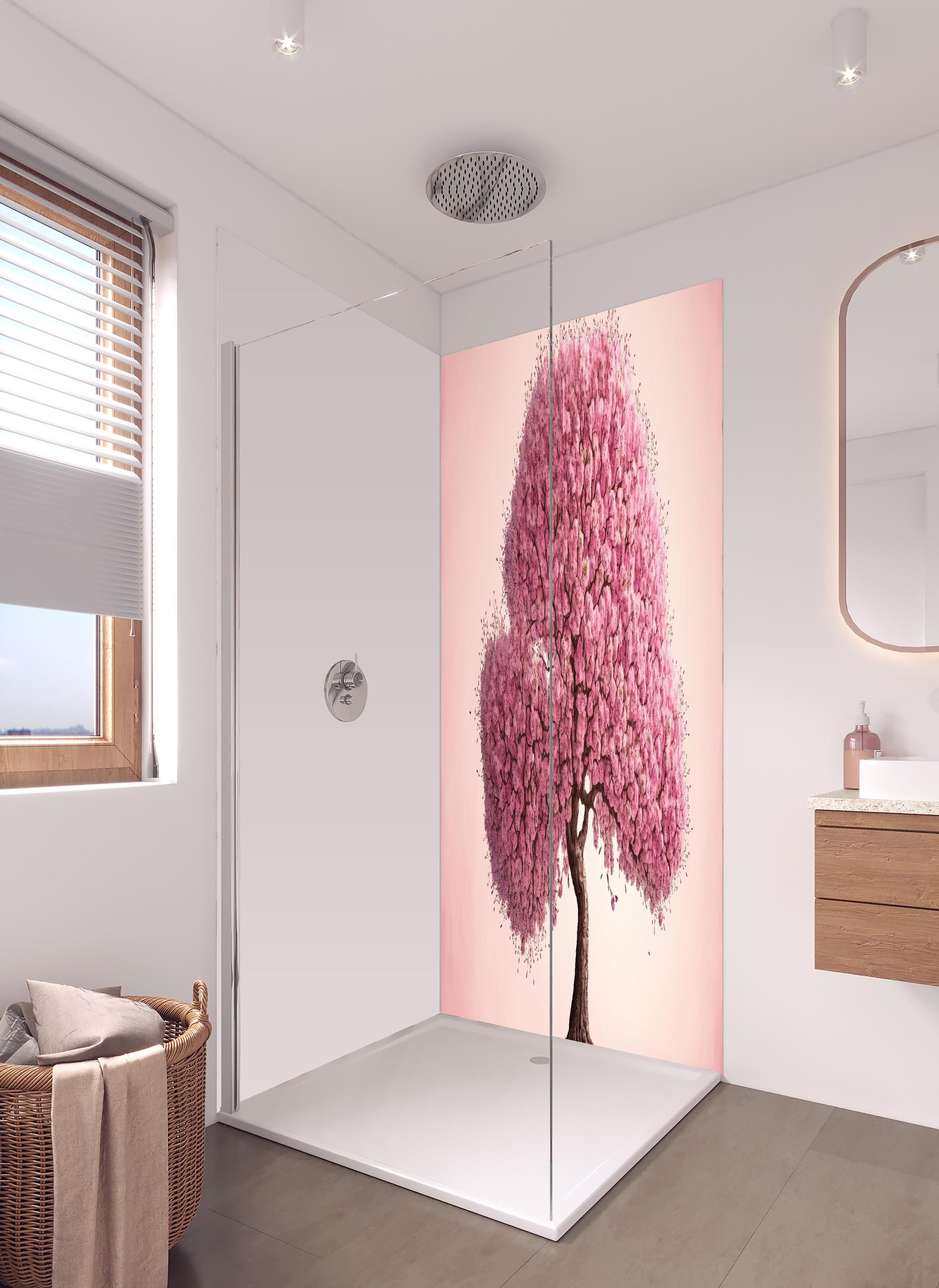Duschrückwand - Sakura baum - KI generiert in hellem Badezimmer mit Regenduschkopf - zweiteilige Eck-Duschrückwand