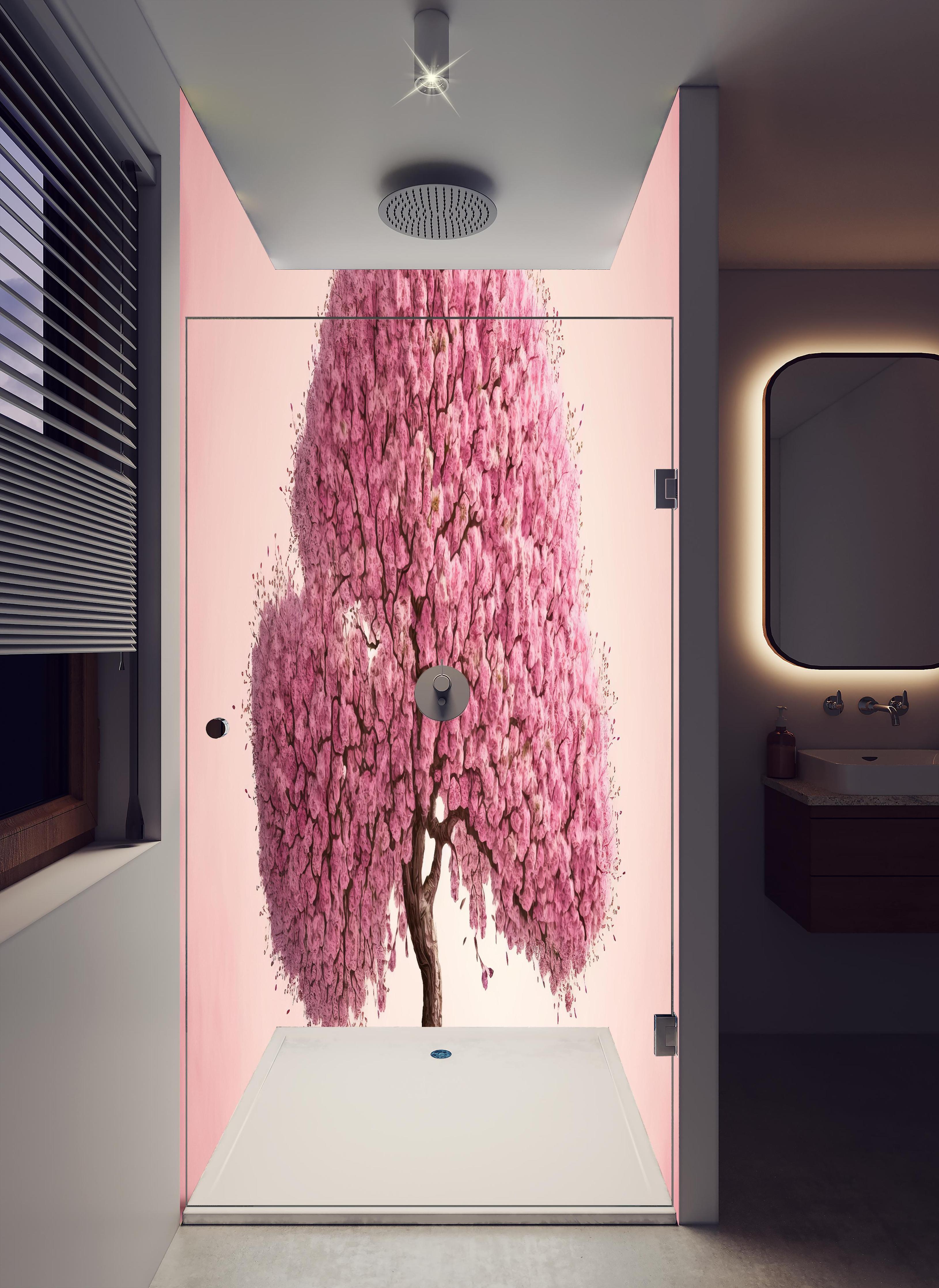 Duschrückwand - Sakura baum - KI generiert in hellem Badezimmer mit Regenduschkopf - zweiteilige Eck-Duschrückwand