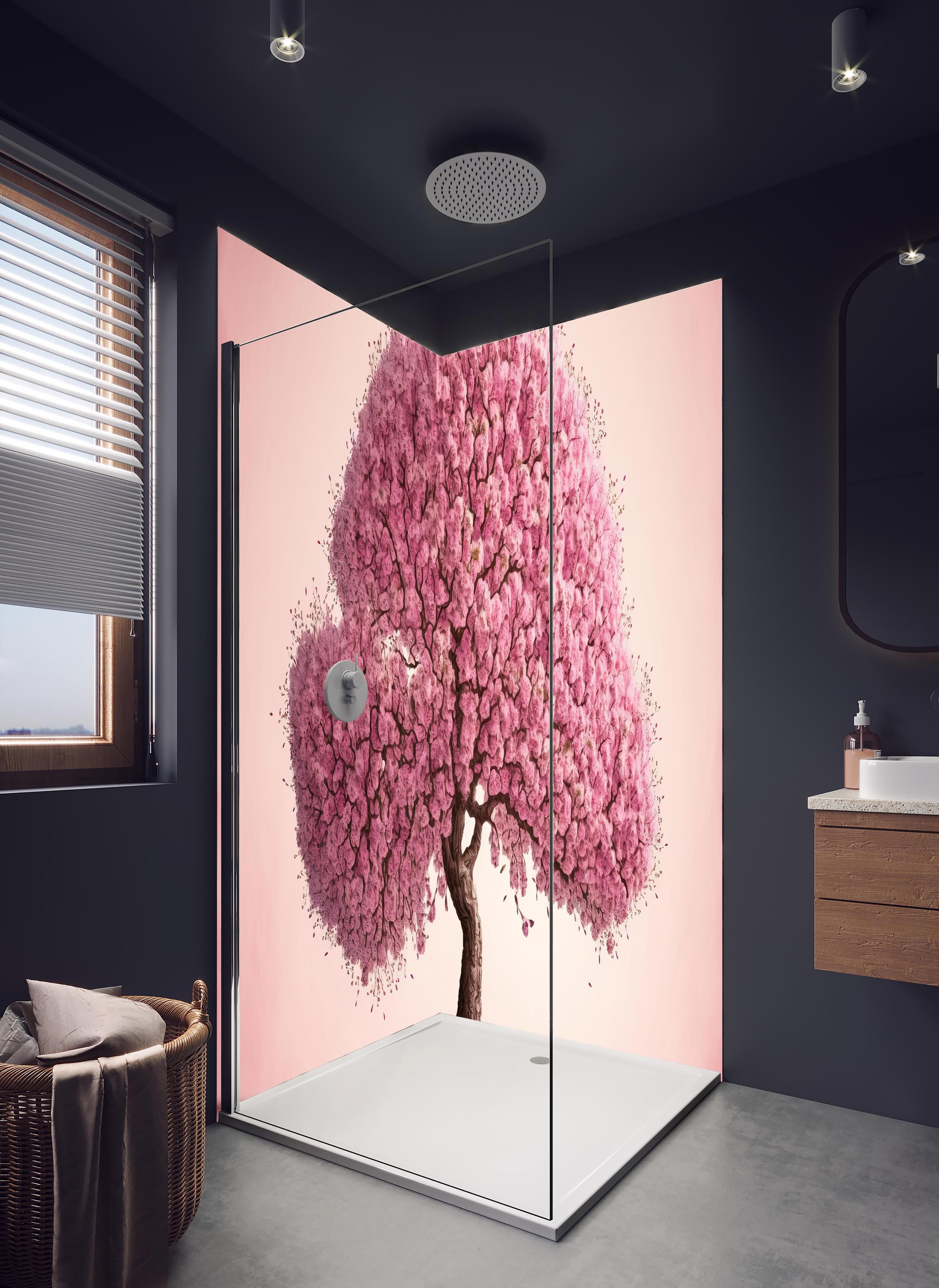 Duschrückwand - Sakura baum - KI generiert in hellem Badezimmer mit Regenduschkopf - zweiteilige Eck-Duschrückwand
