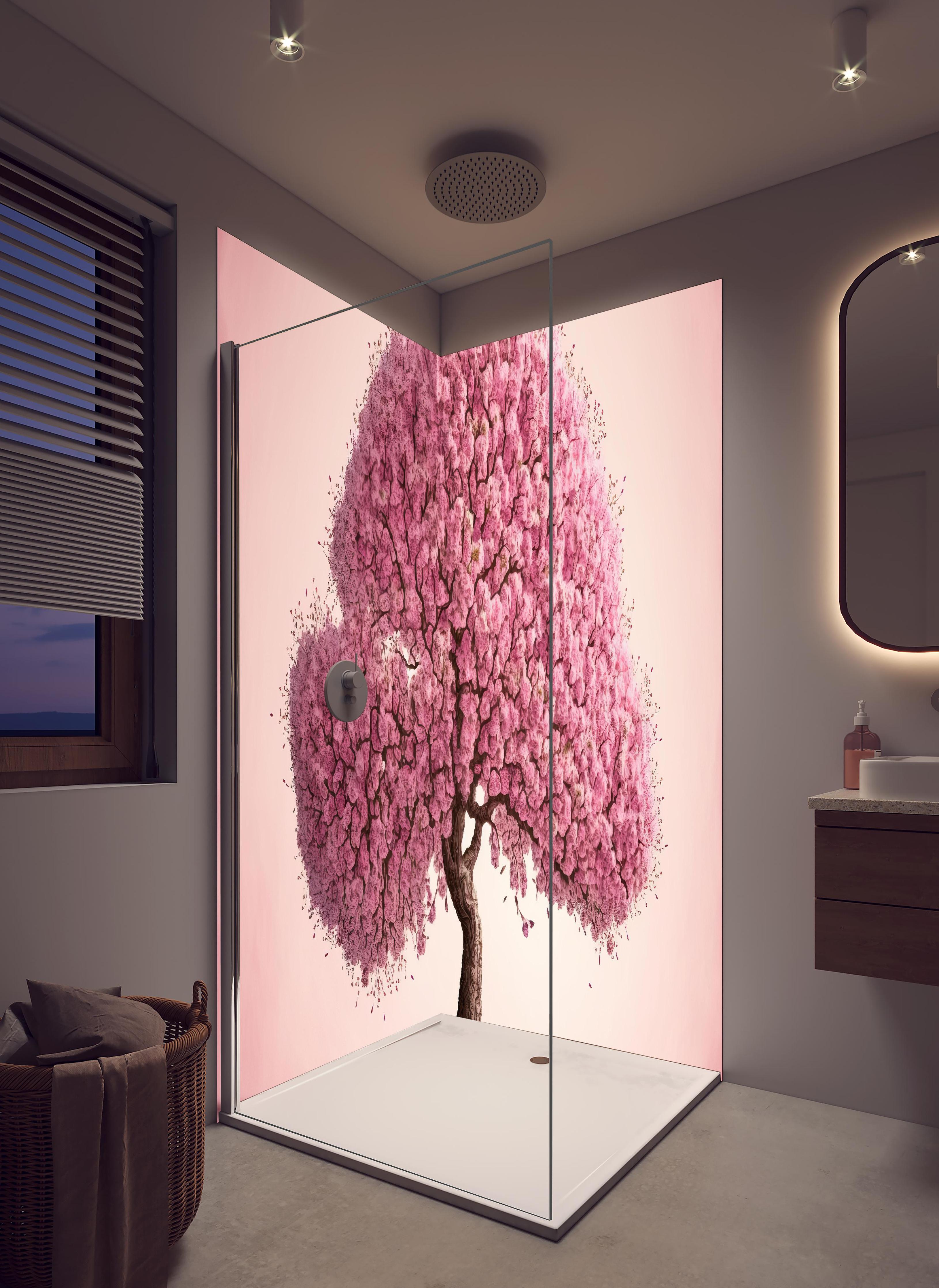 Duschrückwand - Sakura baum - KI generiert in hellem Badezimmer mit Regenduschkopf - zweiteilige Eck-Duschrückwand