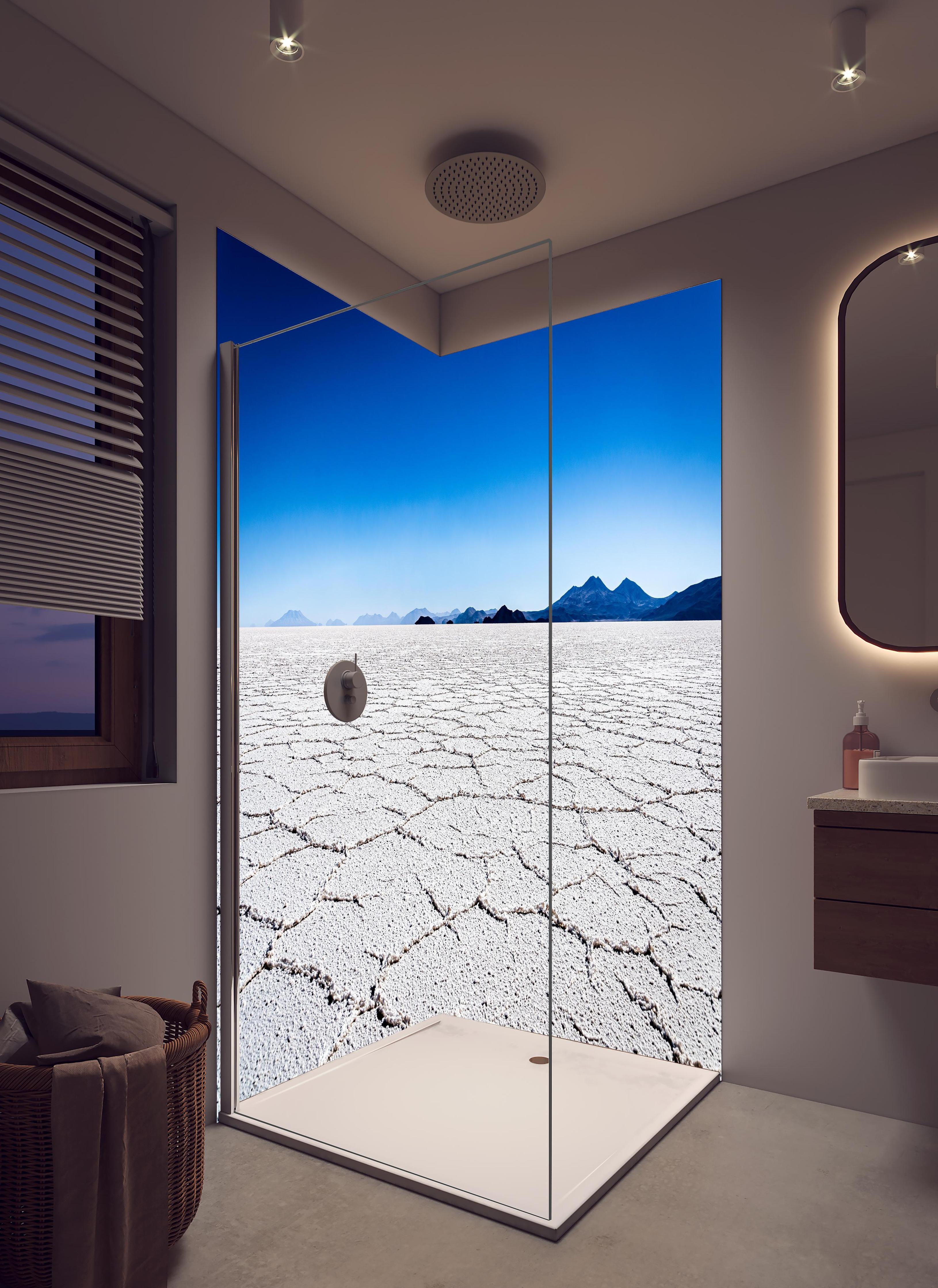 Duschrückwand - Salar de Uyuni: Weiße Salzkrusten und Himmelblau in hellem Badezimmer mit Regenduschkopf - zweiteilige Eck-Duschrückwand