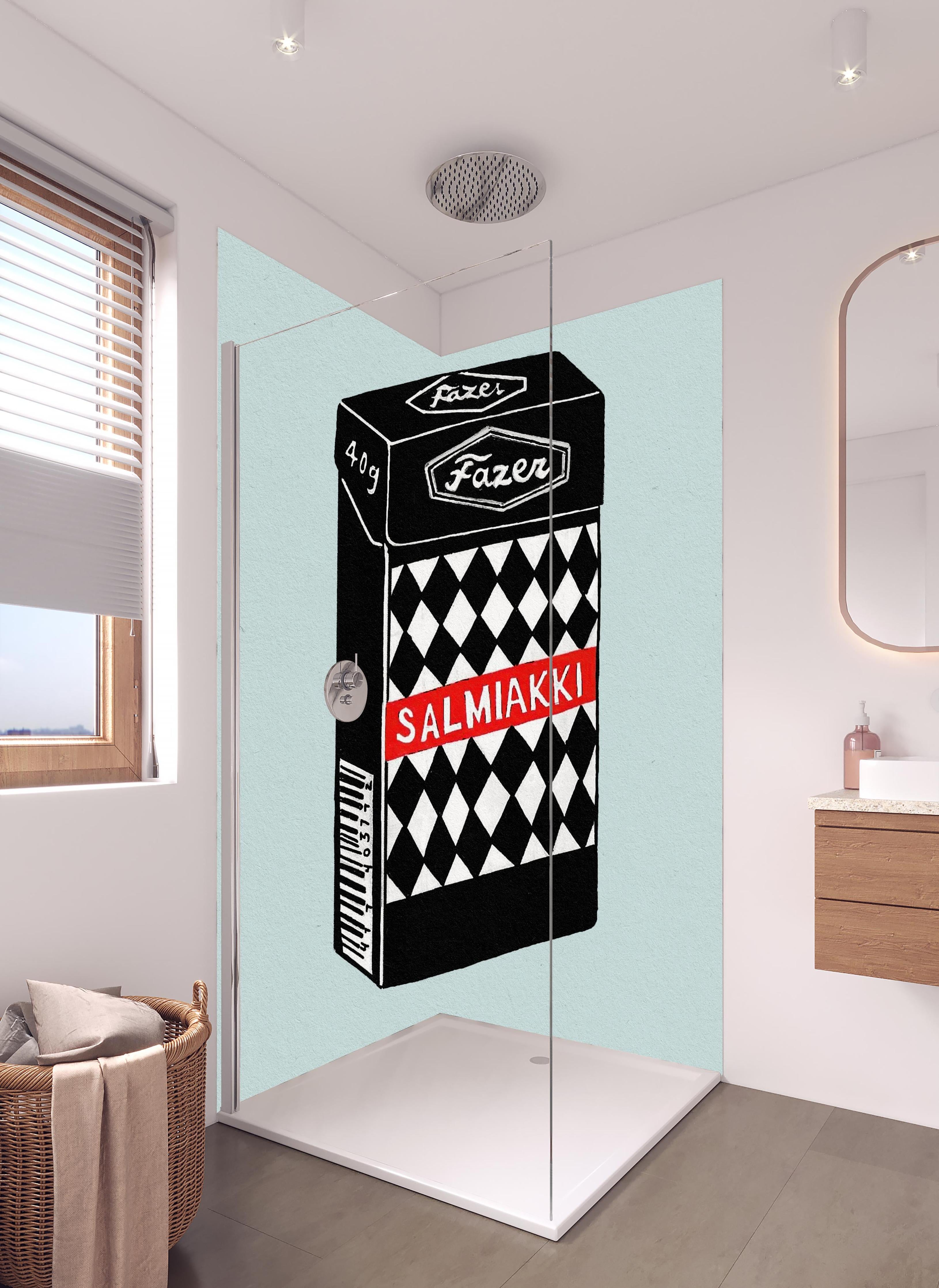 Duschrückwand - Salmiakki Schachtel in hellem Badezimmer mit Regenduschkopf - zweiteilige Eck-Duschrückwand