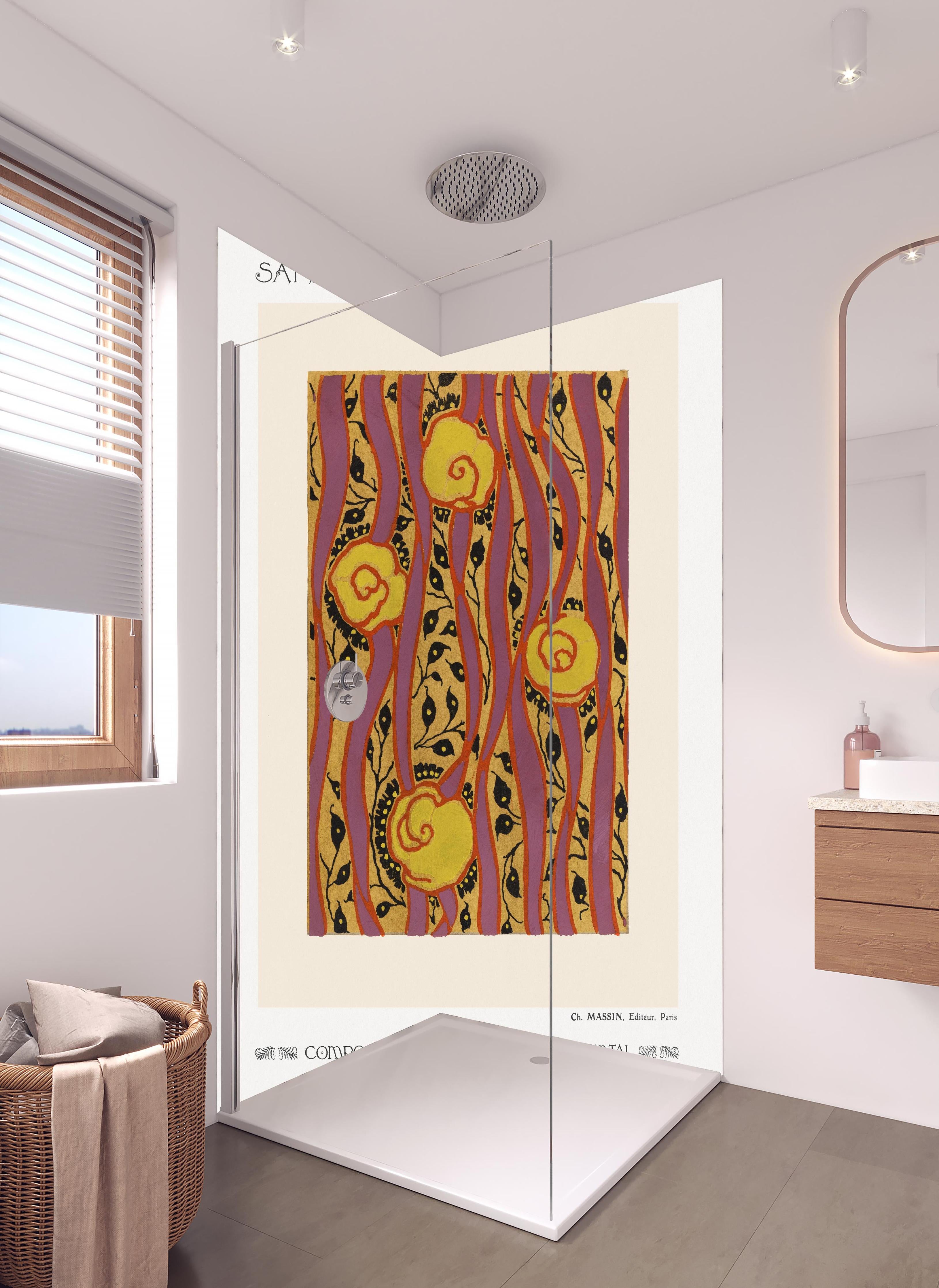 Duschrückwand - Samarkande 15 in hellem Badezimmer mit Regenduschkopf - zweiteilige Eck-Duschrückwand