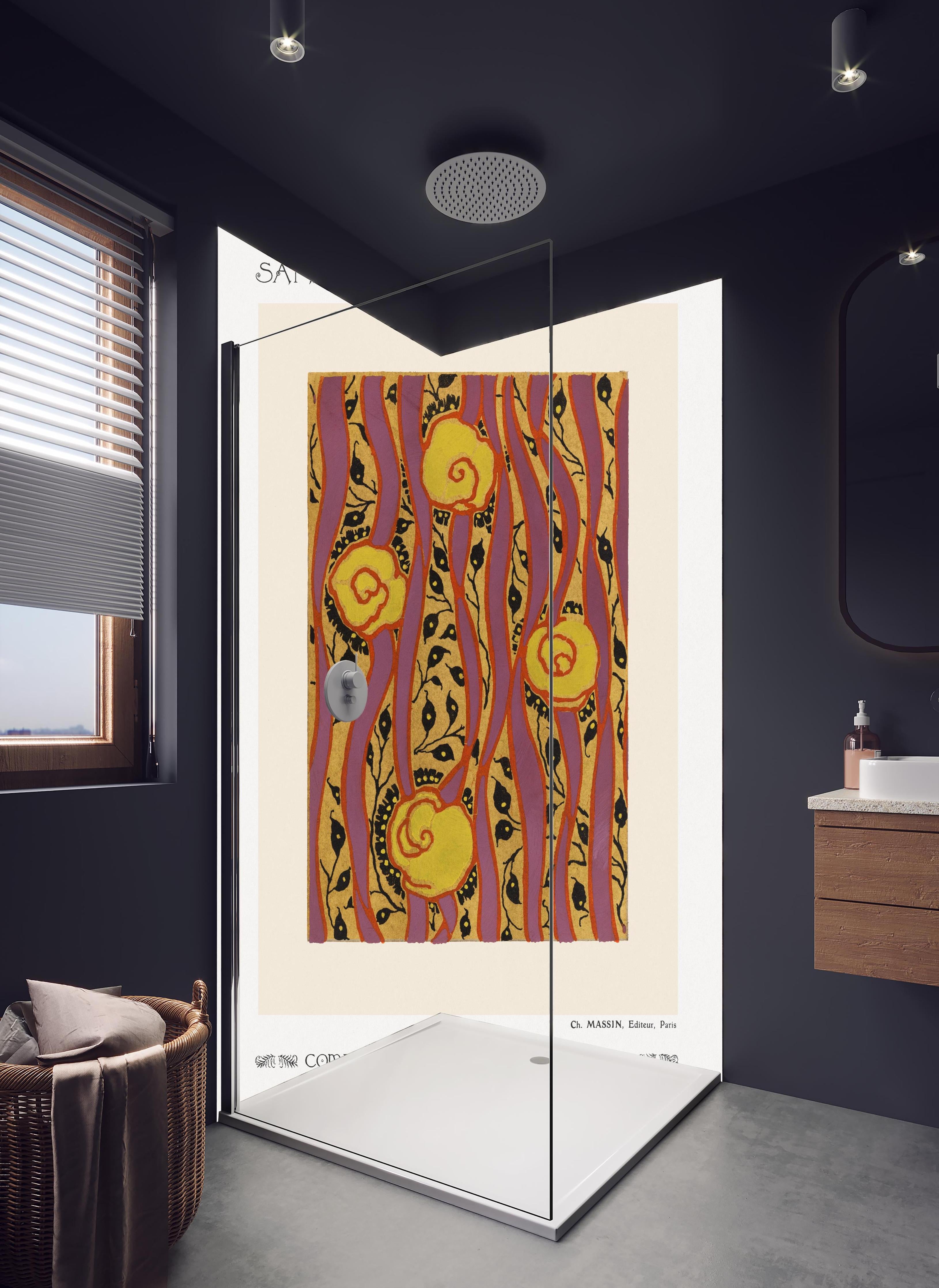 Duschrückwand - Samarkande 15 in hellem Badezimmer mit Regenduschkopf - zweiteilige Eck-Duschrückwand