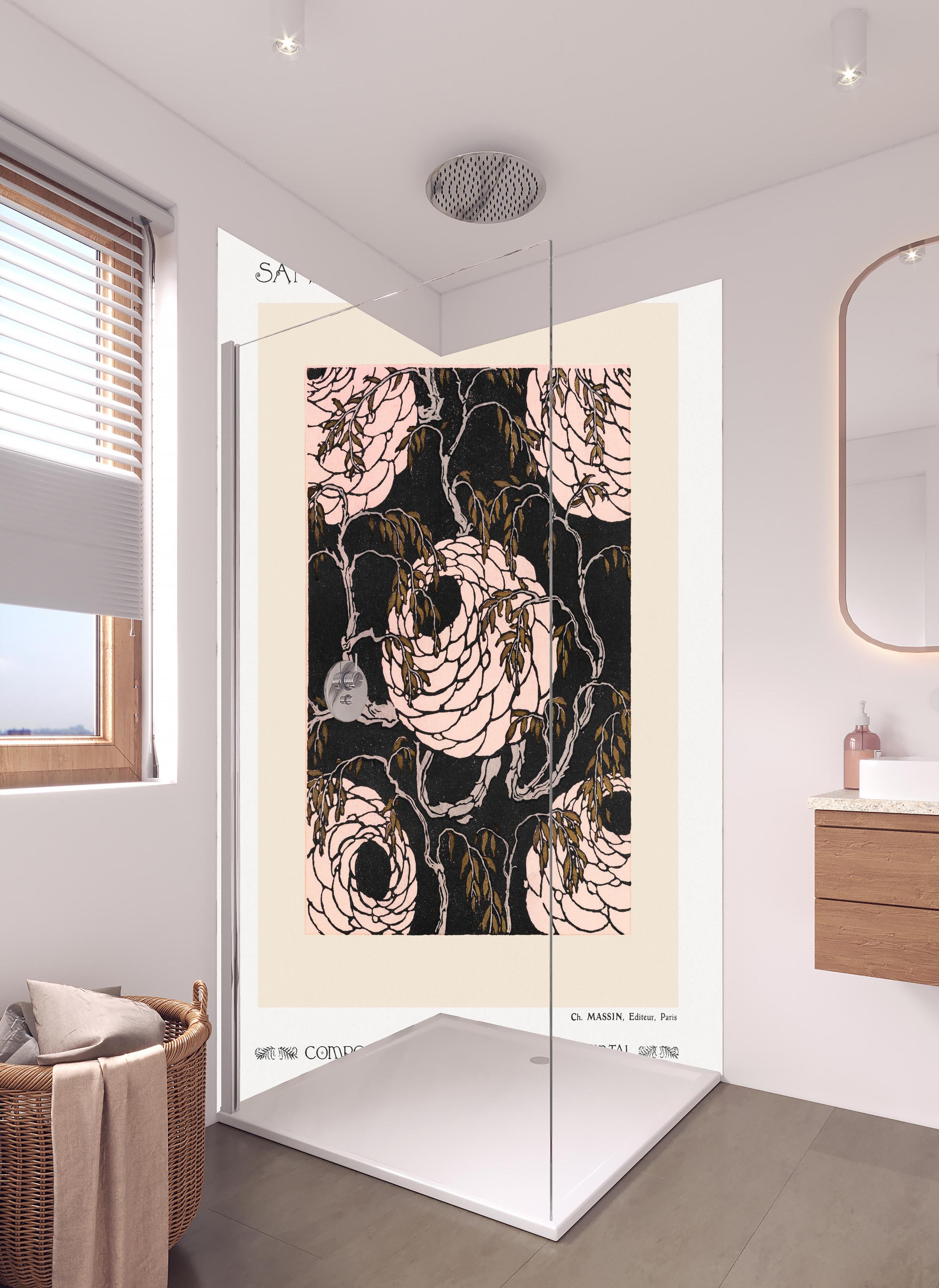 Duschrückwand - Samarkande 16 in hellem Badezimmer mit Regenduschkopf - zweiteilige Eck-Duschrückwand