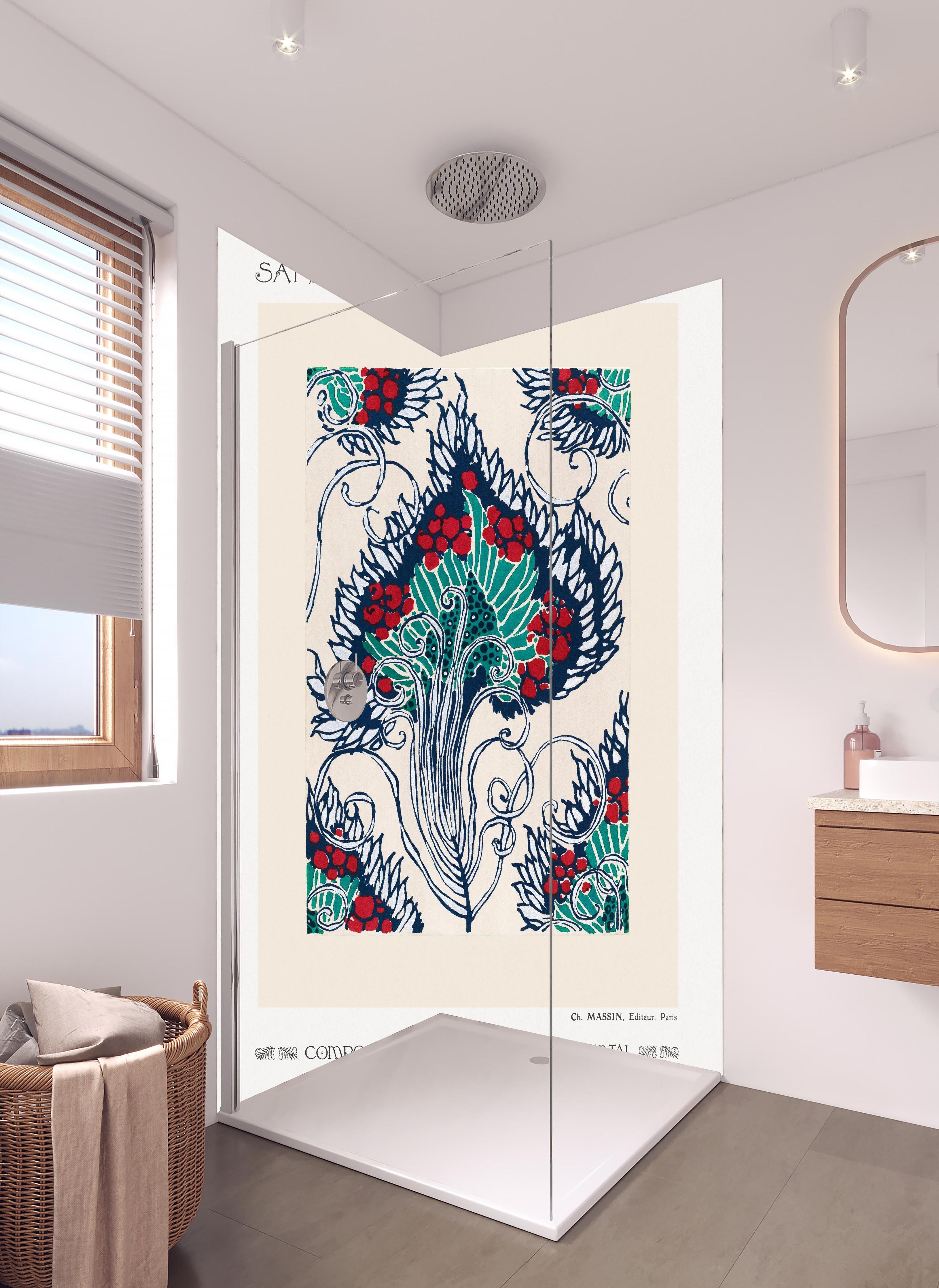 Duschrückwand - Samarkande 19 in hellem Badezimmer mit Regenduschkopf - zweiteilige Eck-Duschrückwand