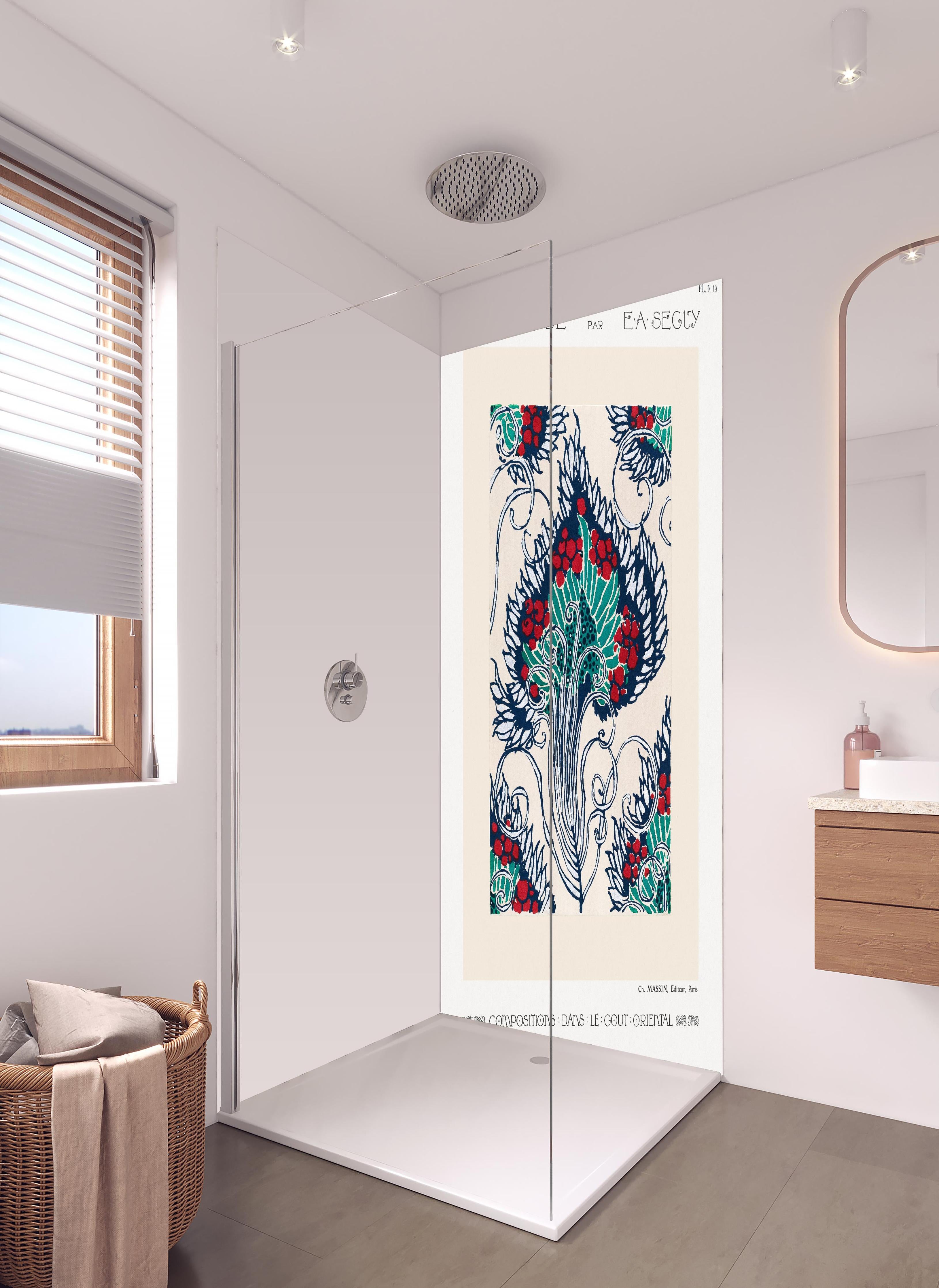 Duschrückwand - Samarkande 19 in hellem Badezimmer mit Regenduschkopf - zweiteilige Eck-Duschrückwand