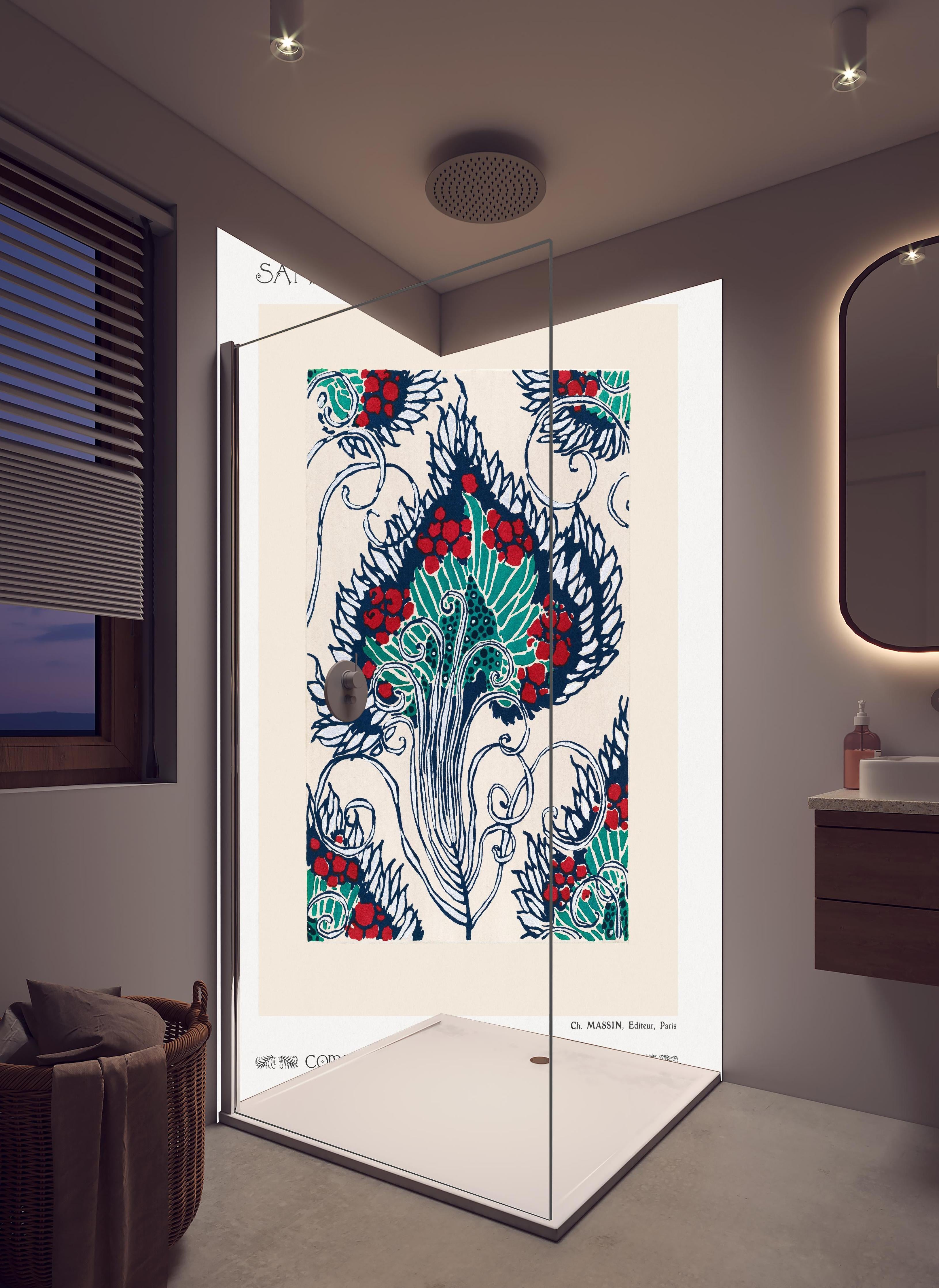 Duschrückwand - Samarkande 19 in hellem Badezimmer mit Regenduschkopf - zweiteilige Eck-Duschrückwand