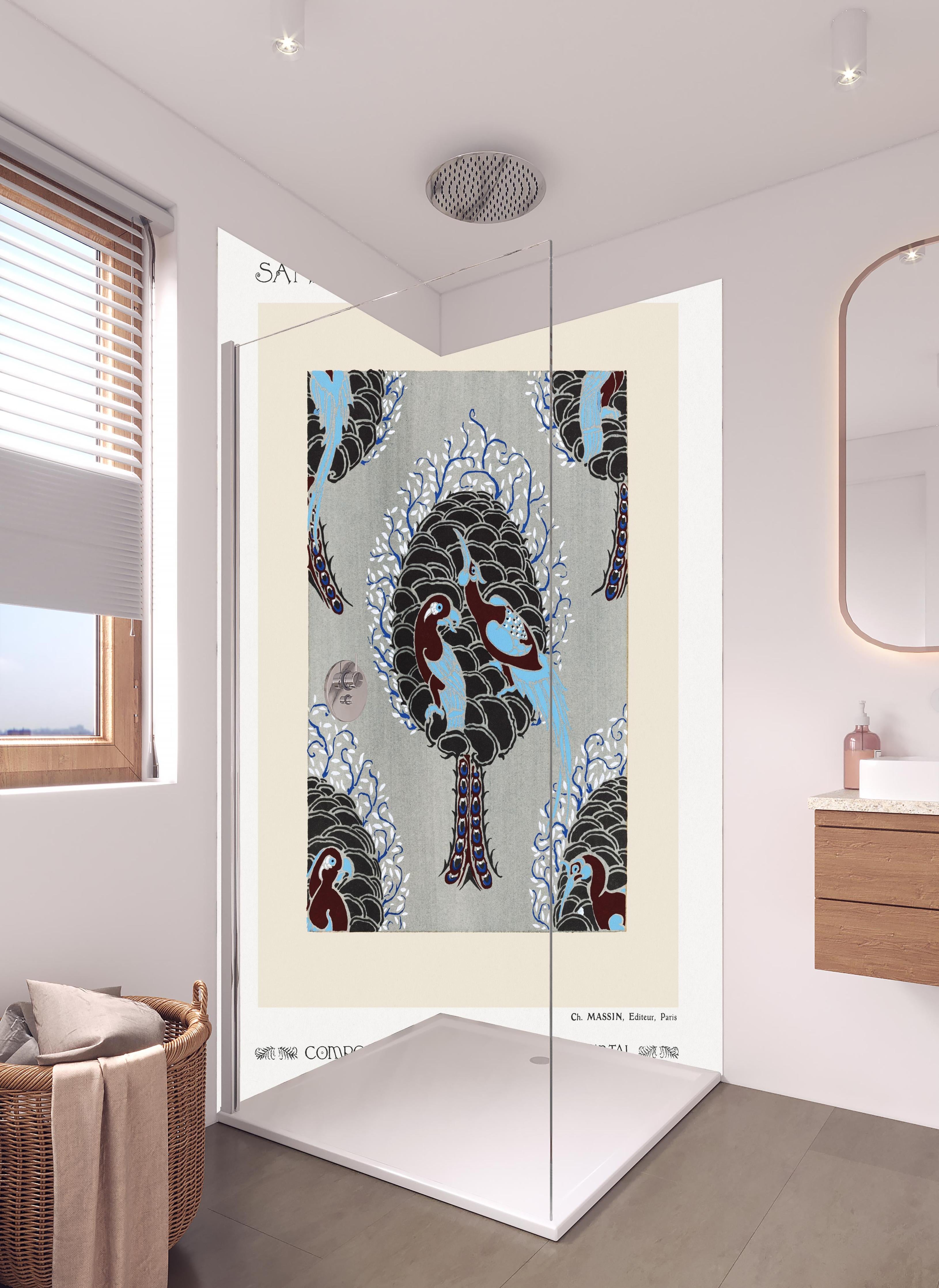 Duschrückwand - Samarkande 7 in hellem Badezimmer mit Regenduschkopf - zweiteilige Eck-Duschrückwand