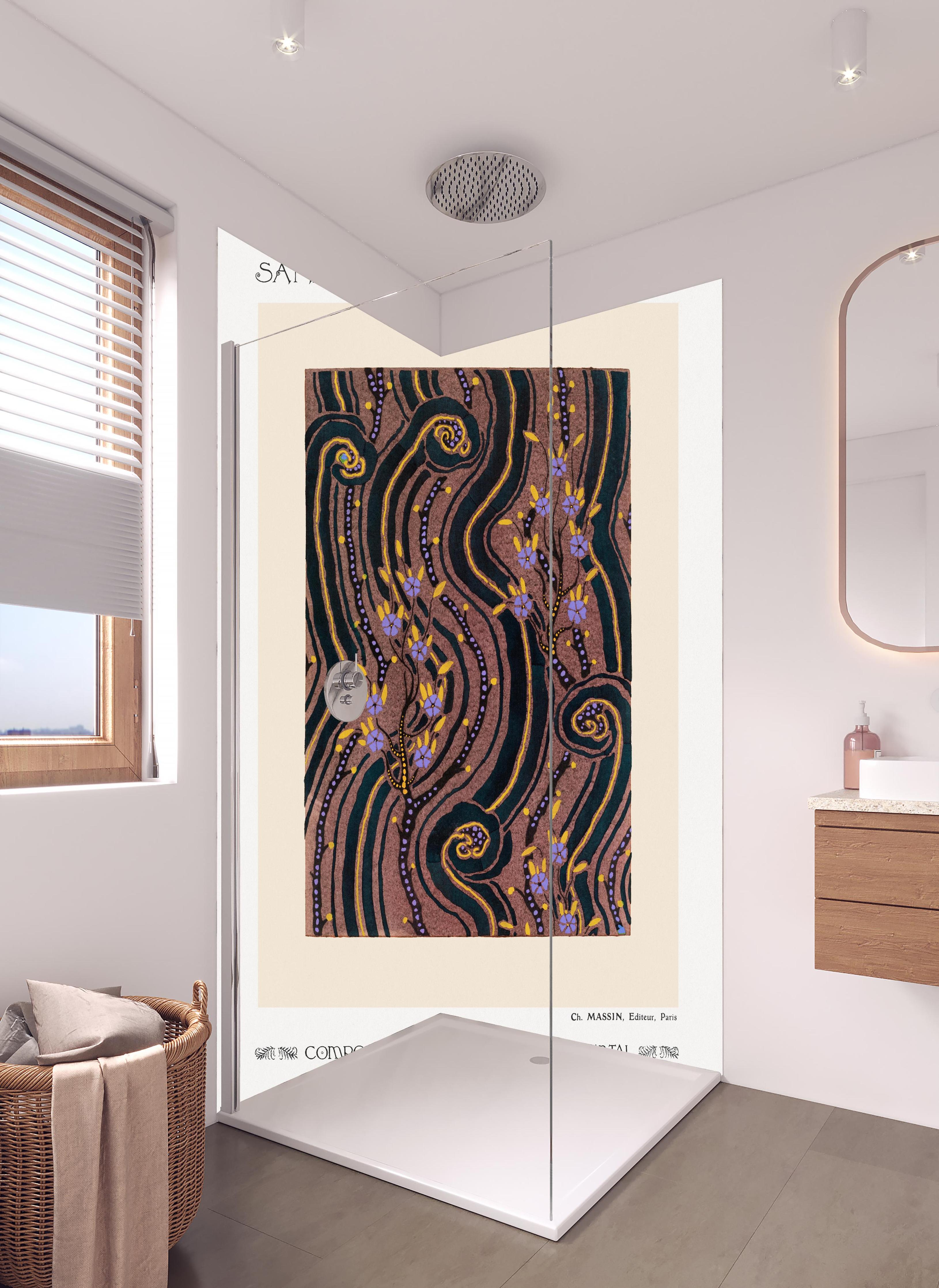 Duschrückwand - Samarkande 8 in hellem Badezimmer mit Regenduschkopf - zweiteilige Eck-Duschrückwand