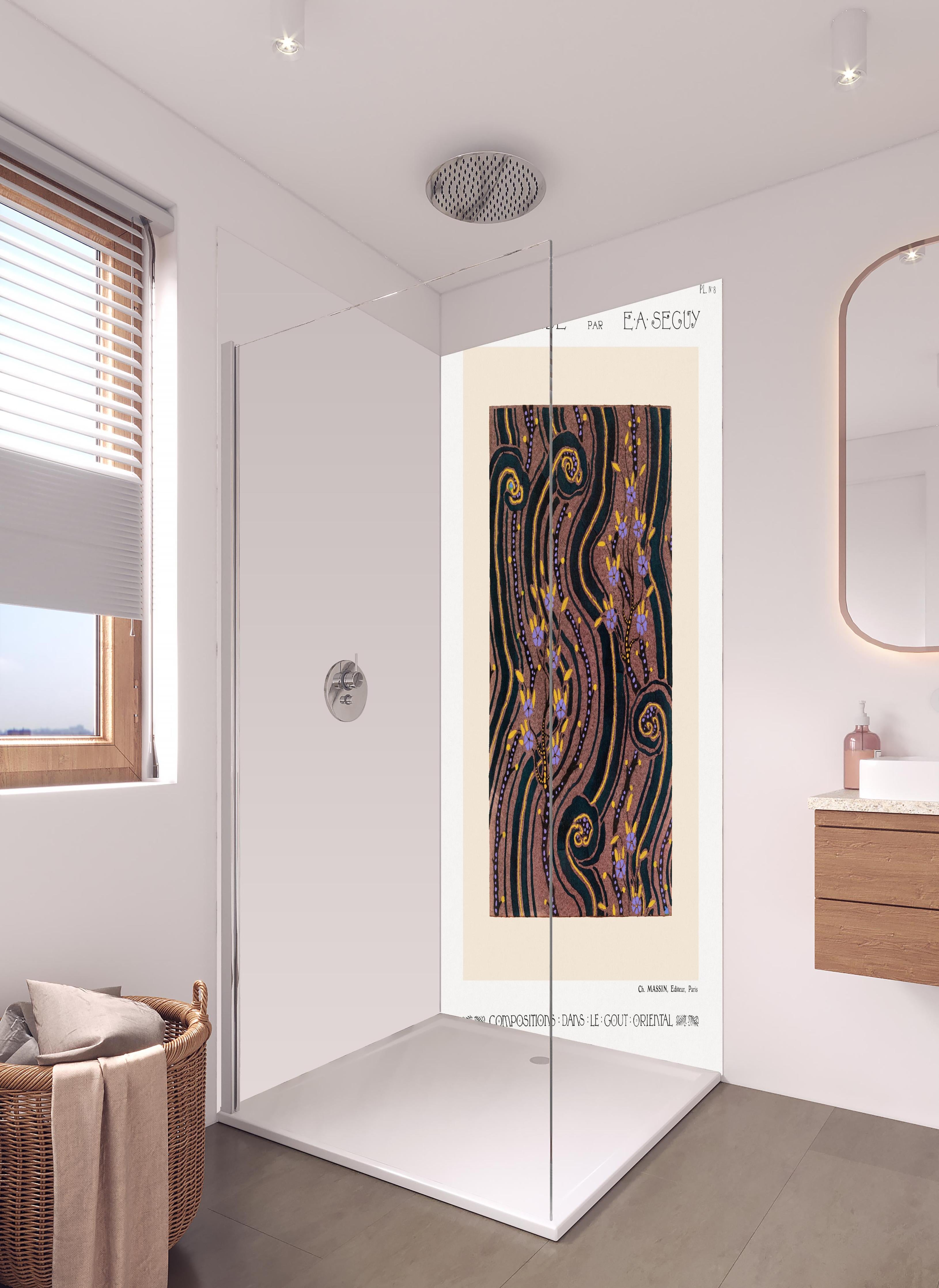 Duschrückwand - Samarkande 8 in hellem Badezimmer mit Regenduschkopf - zweiteilige Eck-Duschrückwand