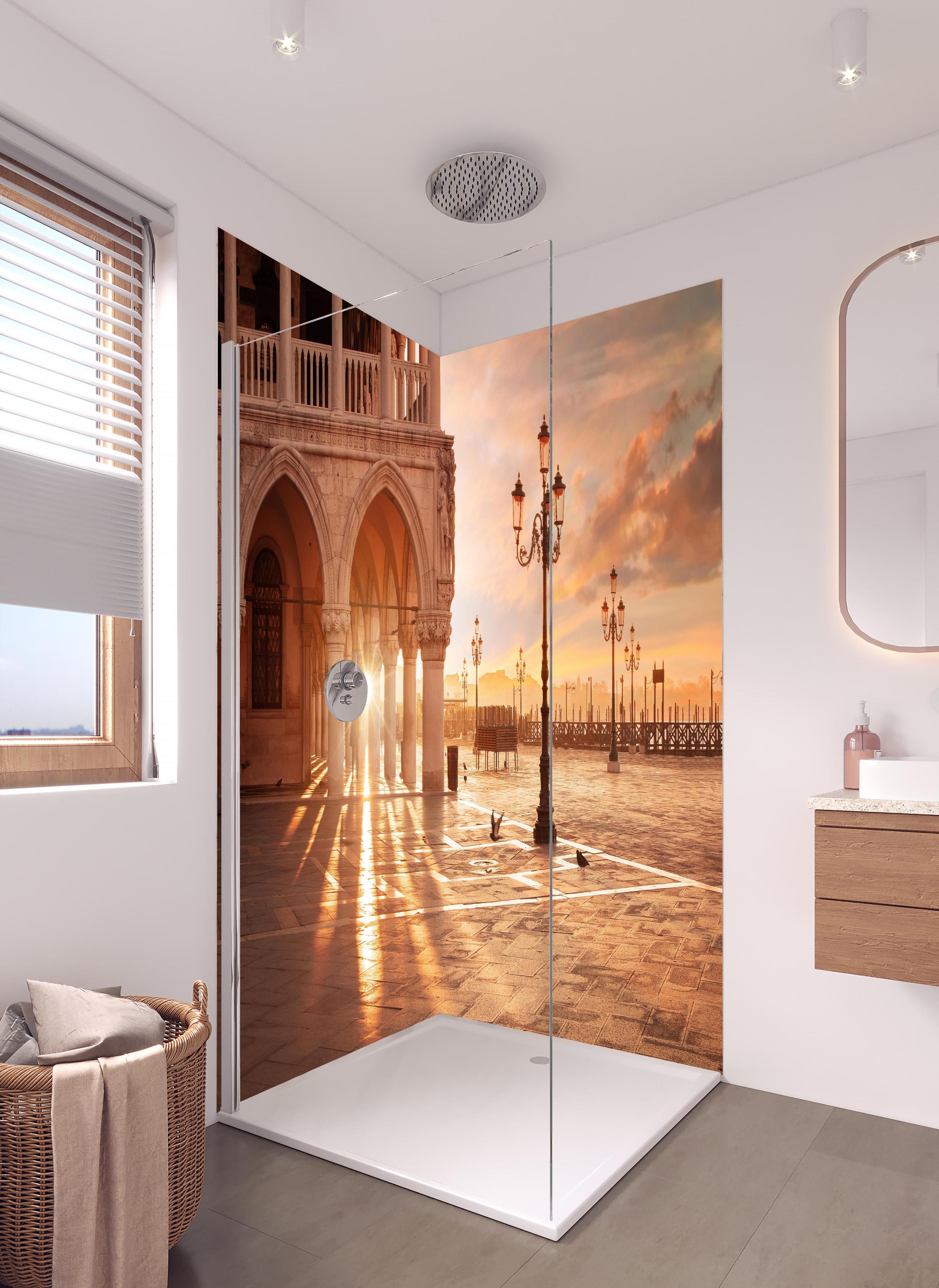 Duschrückwand - San Marco bei Abendsonne in Venedig in hellem Badezimmer mit Regenduschkopf - zweiteilige Eck-Duschrückwand