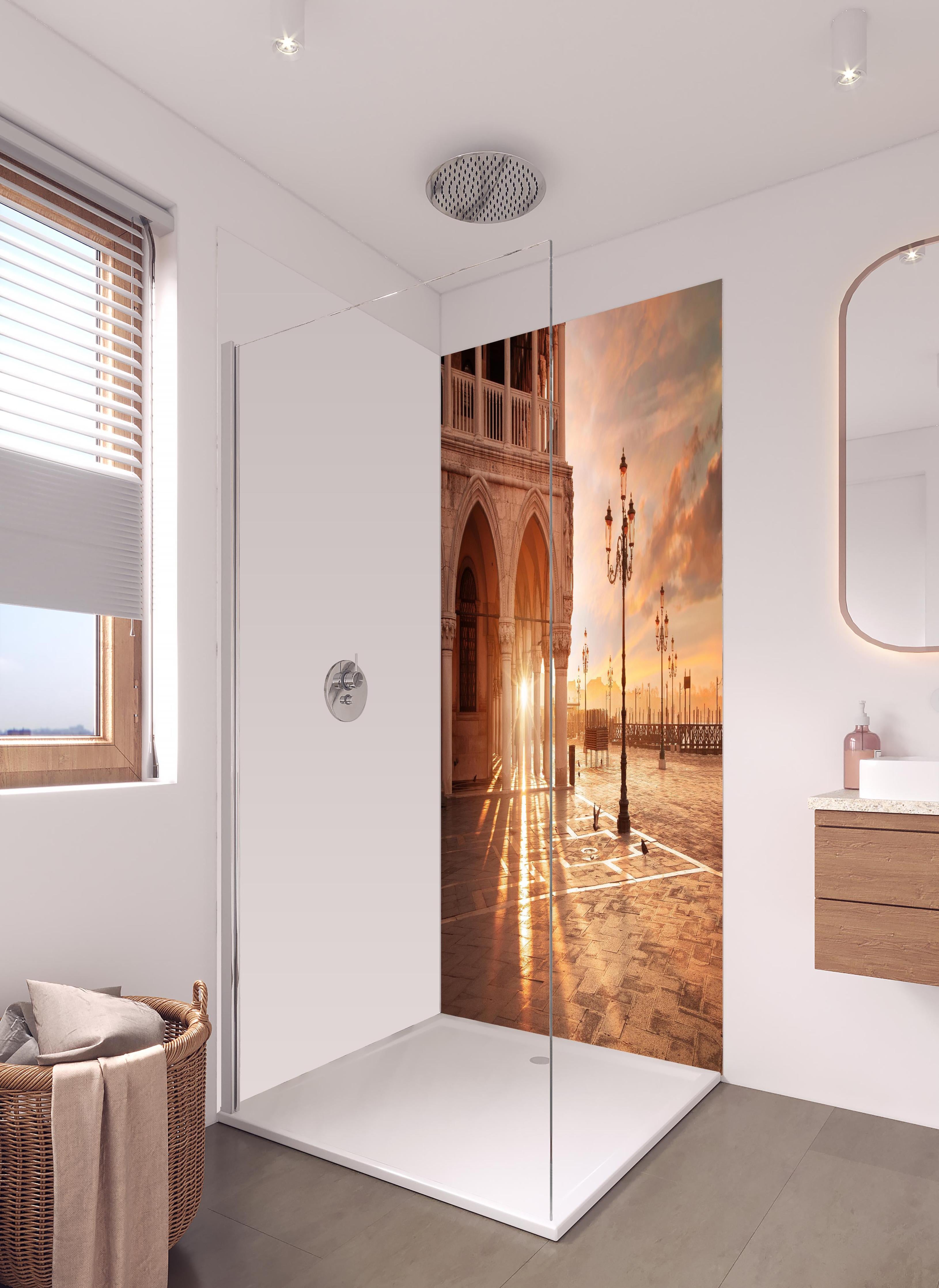 Duschrückwand - San Marco bei Abendsonne in Venedig in hellem Badezimmer mit Regenduschkopf - zweiteilige Eck-Duschrückwand