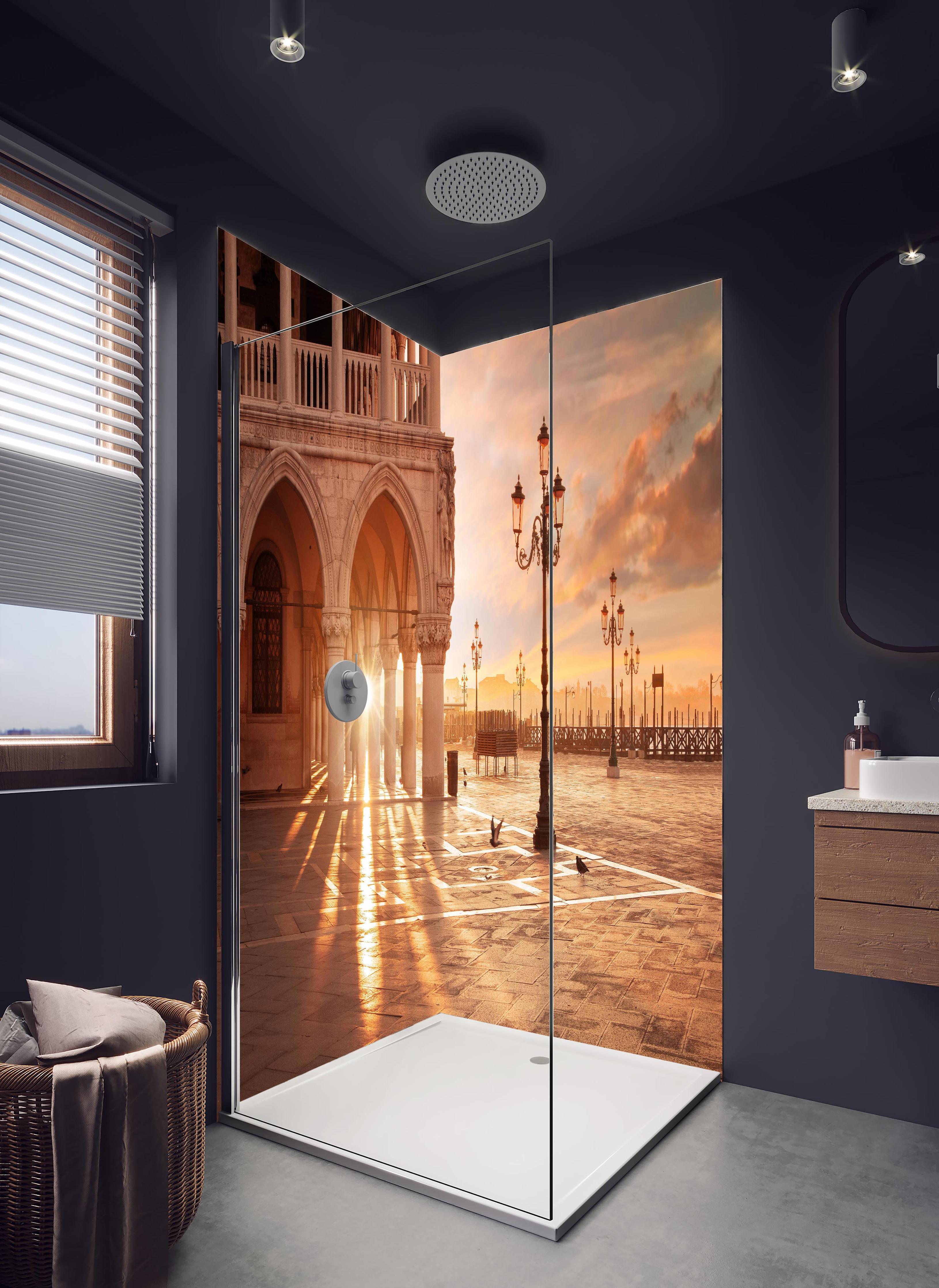 Duschrückwand - San Marco bei Abendsonne in Venedig in hellem Badezimmer mit Regenduschkopf - zweiteilige Eck-Duschrückwand