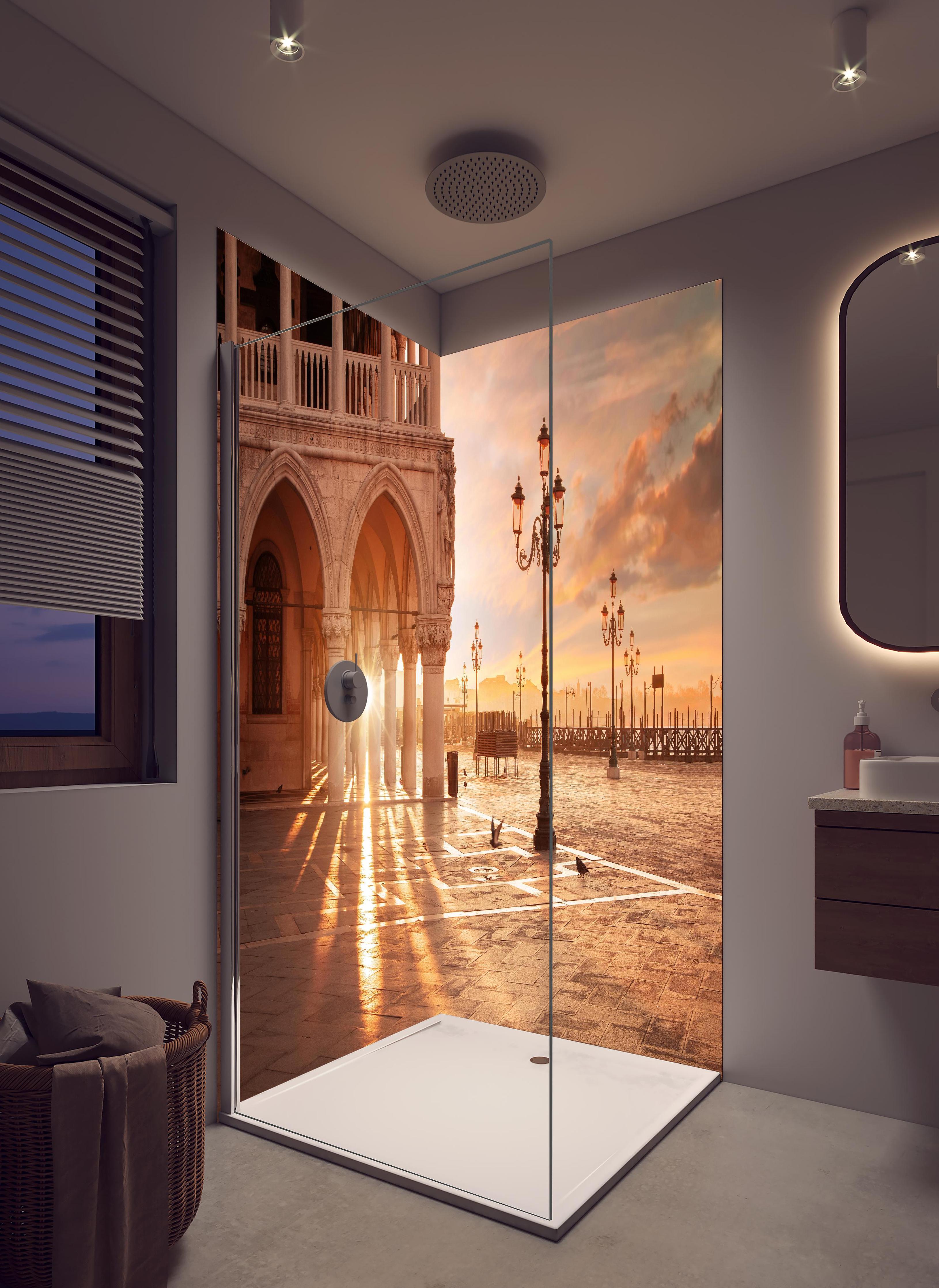 Duschrückwand - San Marco bei Abendsonne in Venedig in hellem Badezimmer mit Regenduschkopf - zweiteilige Eck-Duschrückwand