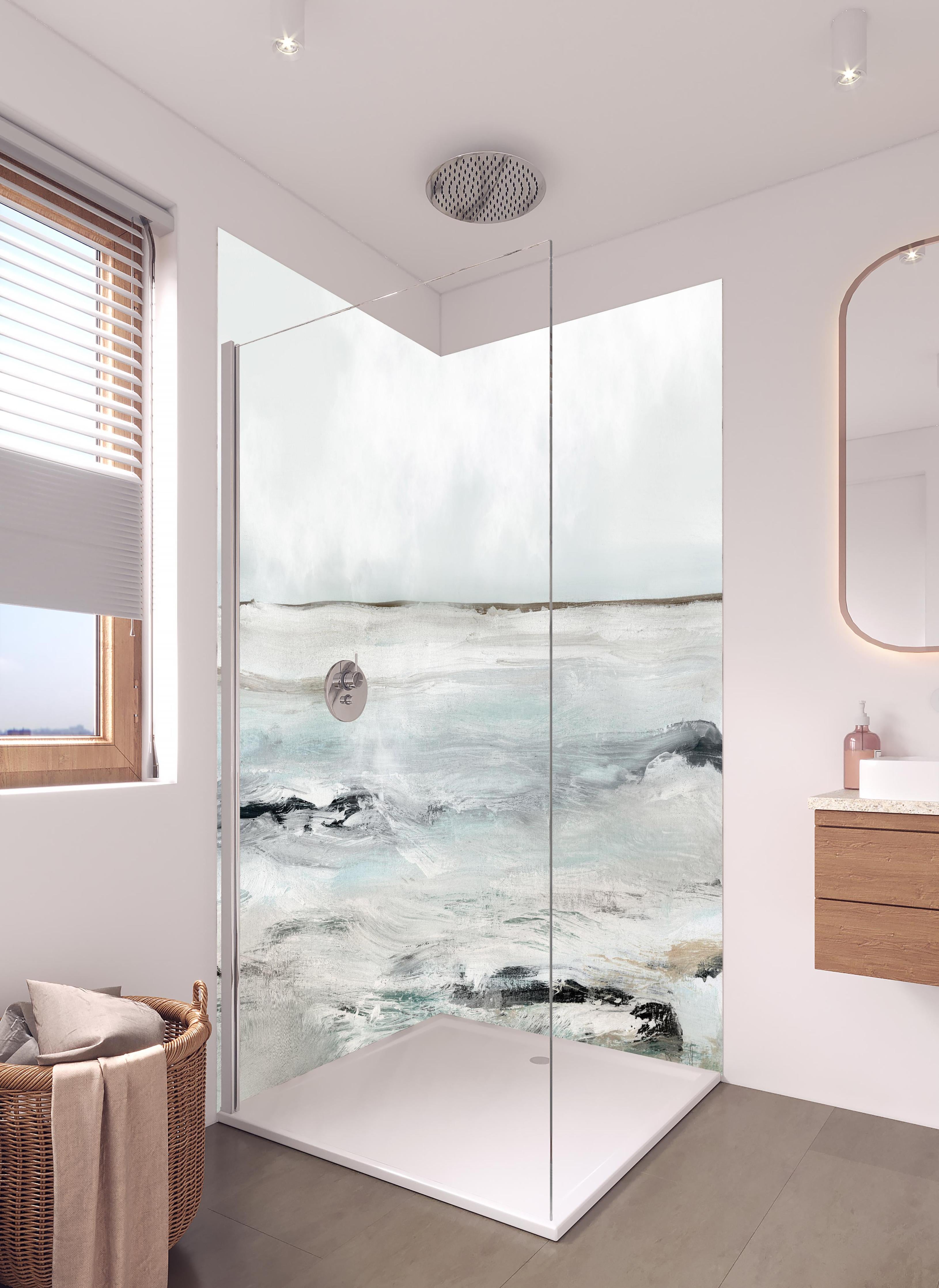 Duschrückwand - Sandige Landschaft - Gemälde in hellem Badezimmer mit Regenduschkopf - zweiteilige Eck-Duschrückwand