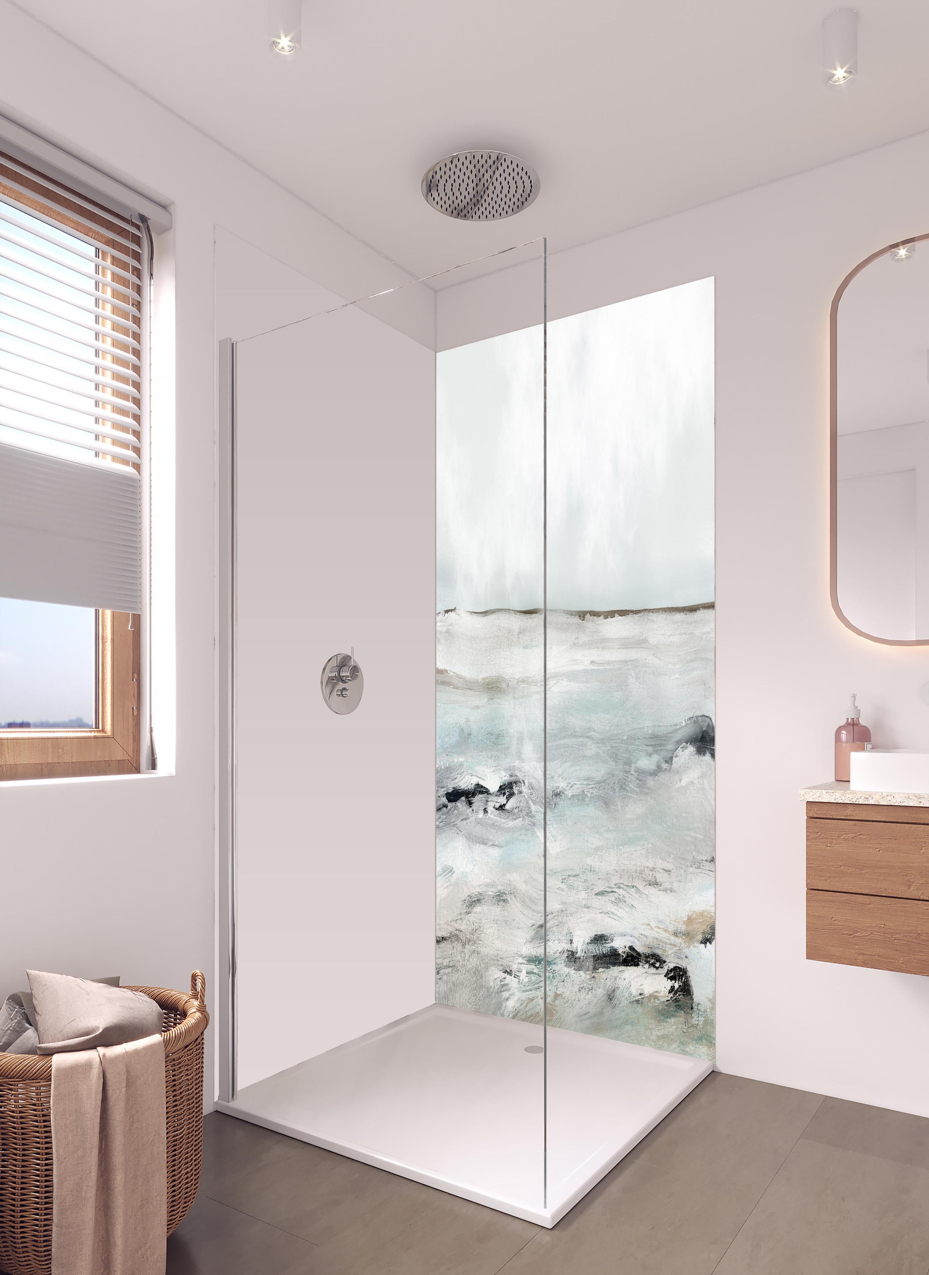 Duschrückwand - Sandige Landschaft - Gemälde in hellem Badezimmer mit Regenduschkopf - zweiteilige Eck-Duschrückwand