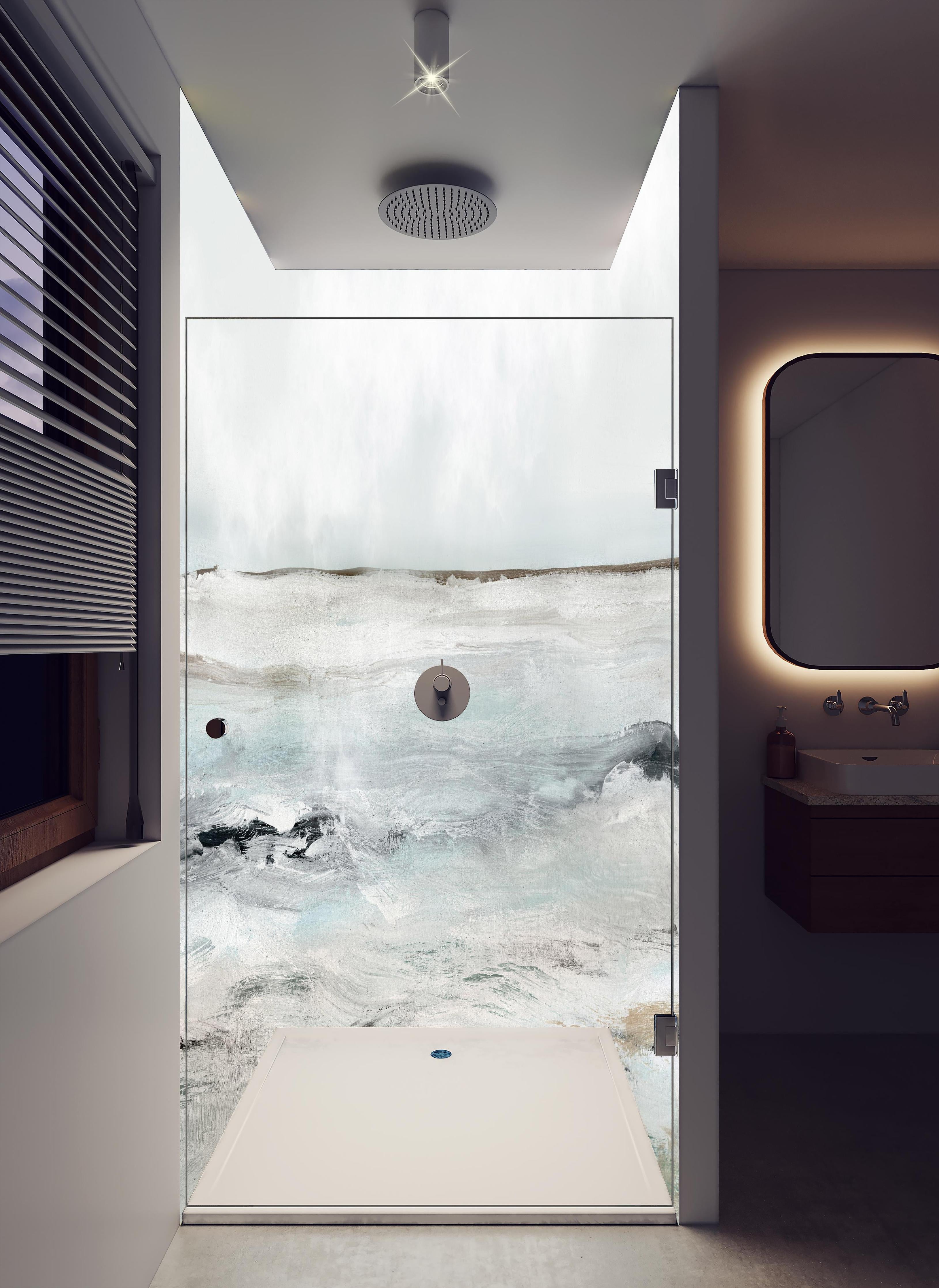 Duschrückwand - Sandige Landschaft - Gemälde in hellem Badezimmer mit Regenduschkopf - zweiteilige Eck-Duschrückwand