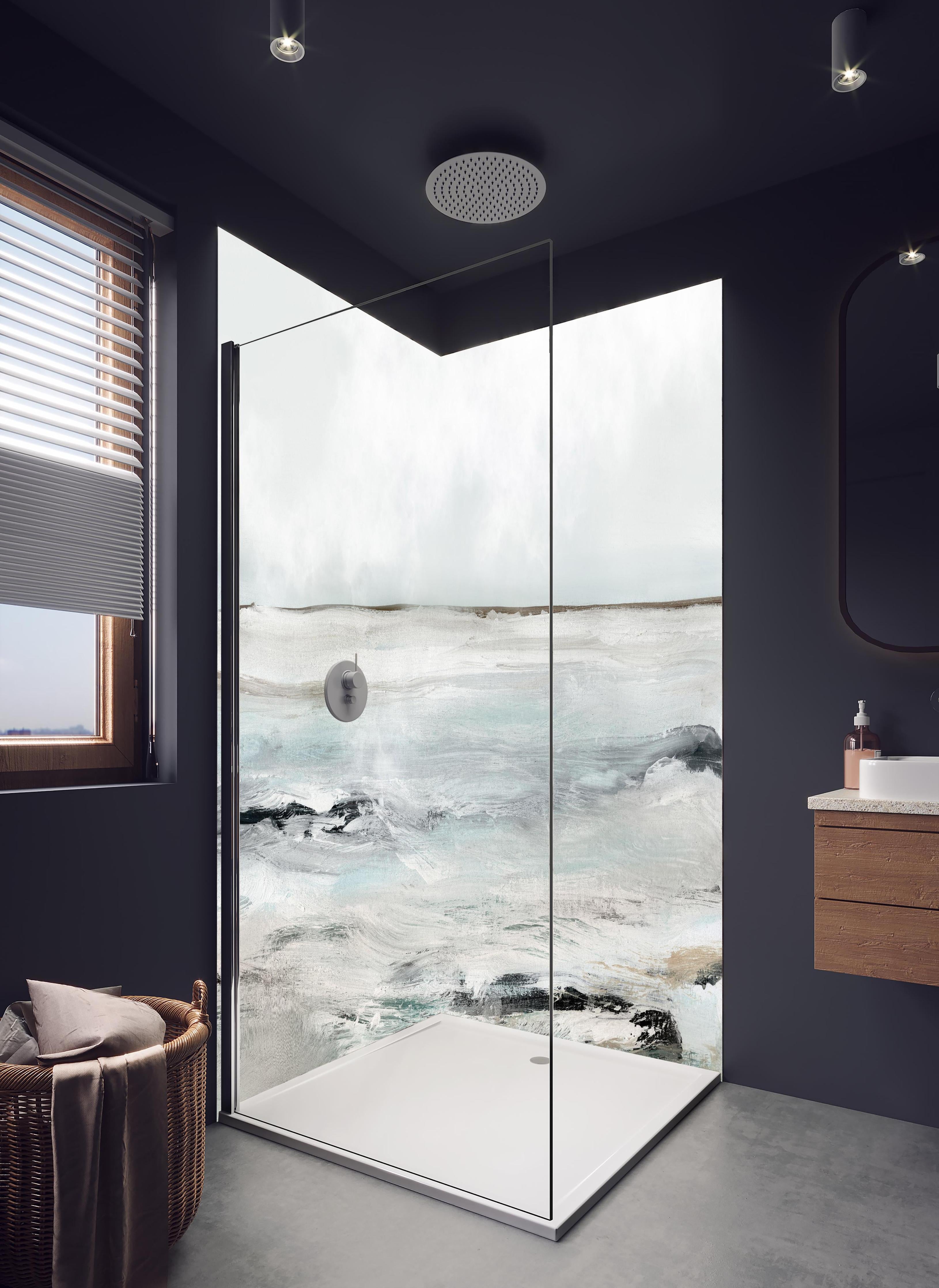 Duschrückwand - Sandige Landschaft - Gemälde in hellem Badezimmer mit Regenduschkopf - zweiteilige Eck-Duschrückwand
