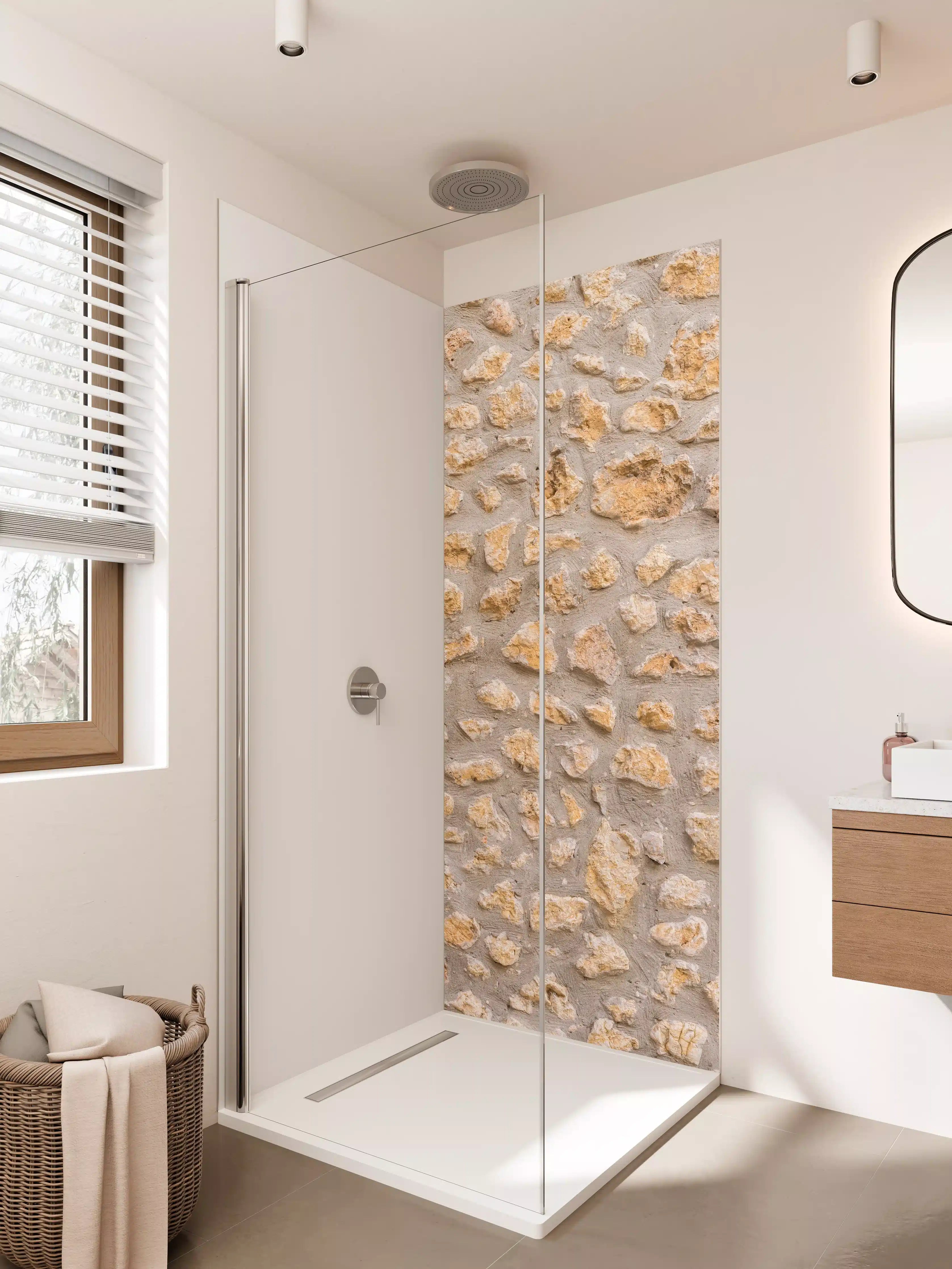 Duschrückwand - Sandstein Mauer mit rauer Textur in neutralen Tönen