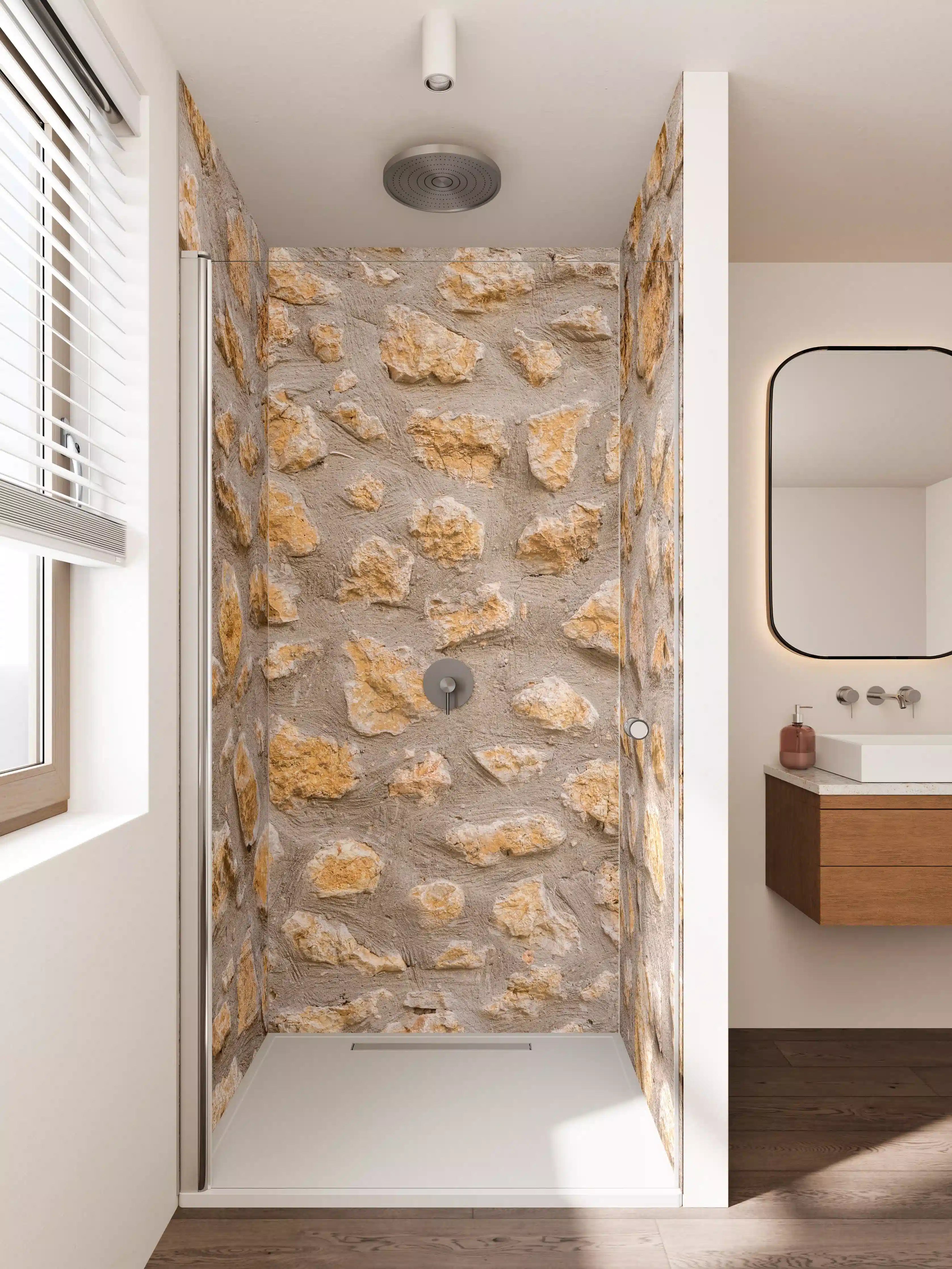 Duschrückwand - Sandstein Mauer mit rauer Textur in neutralen Tönen