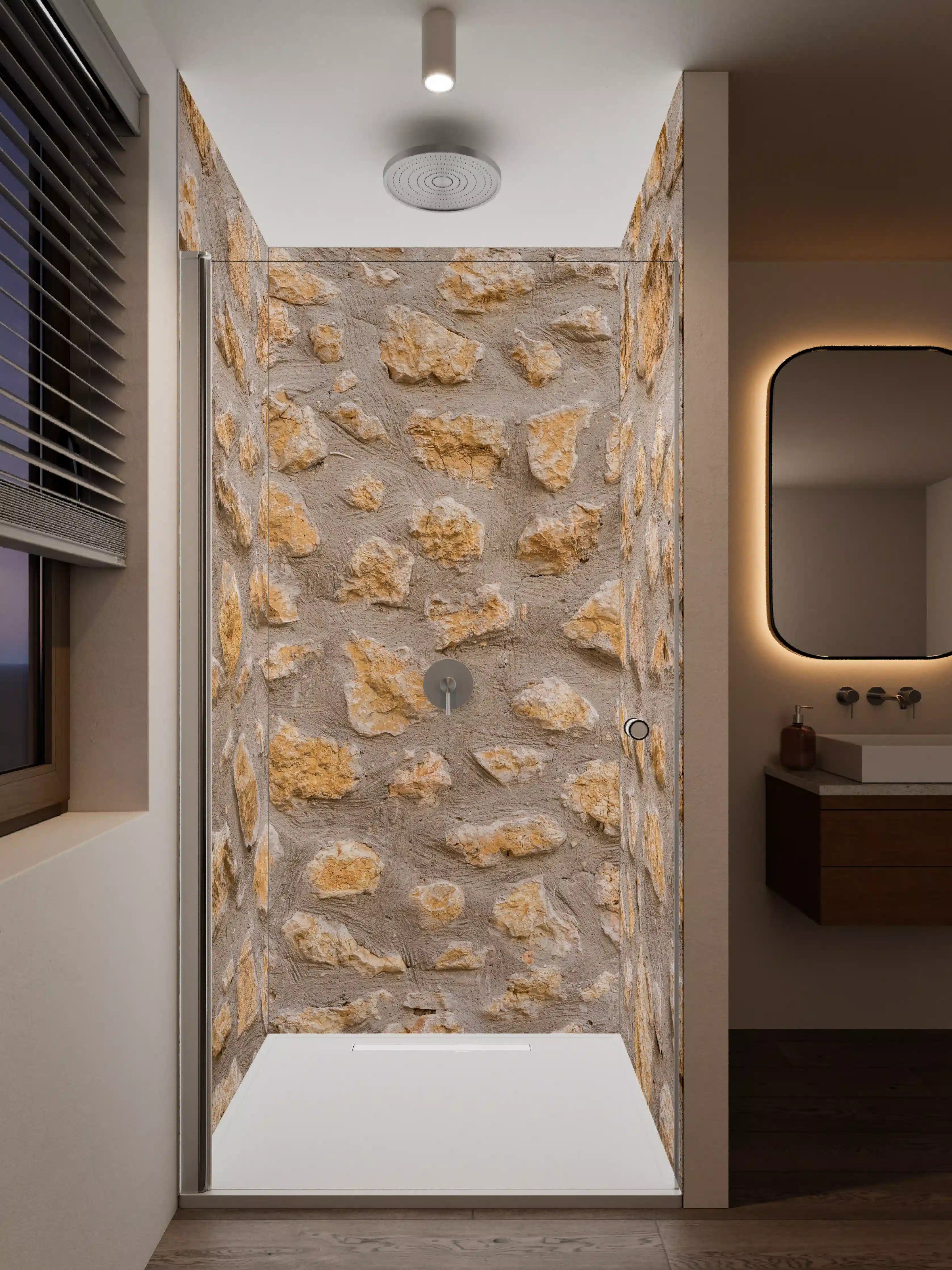 Duschrückwand - Sandstein Mauer mit rauer Textur in neutralen Tönen