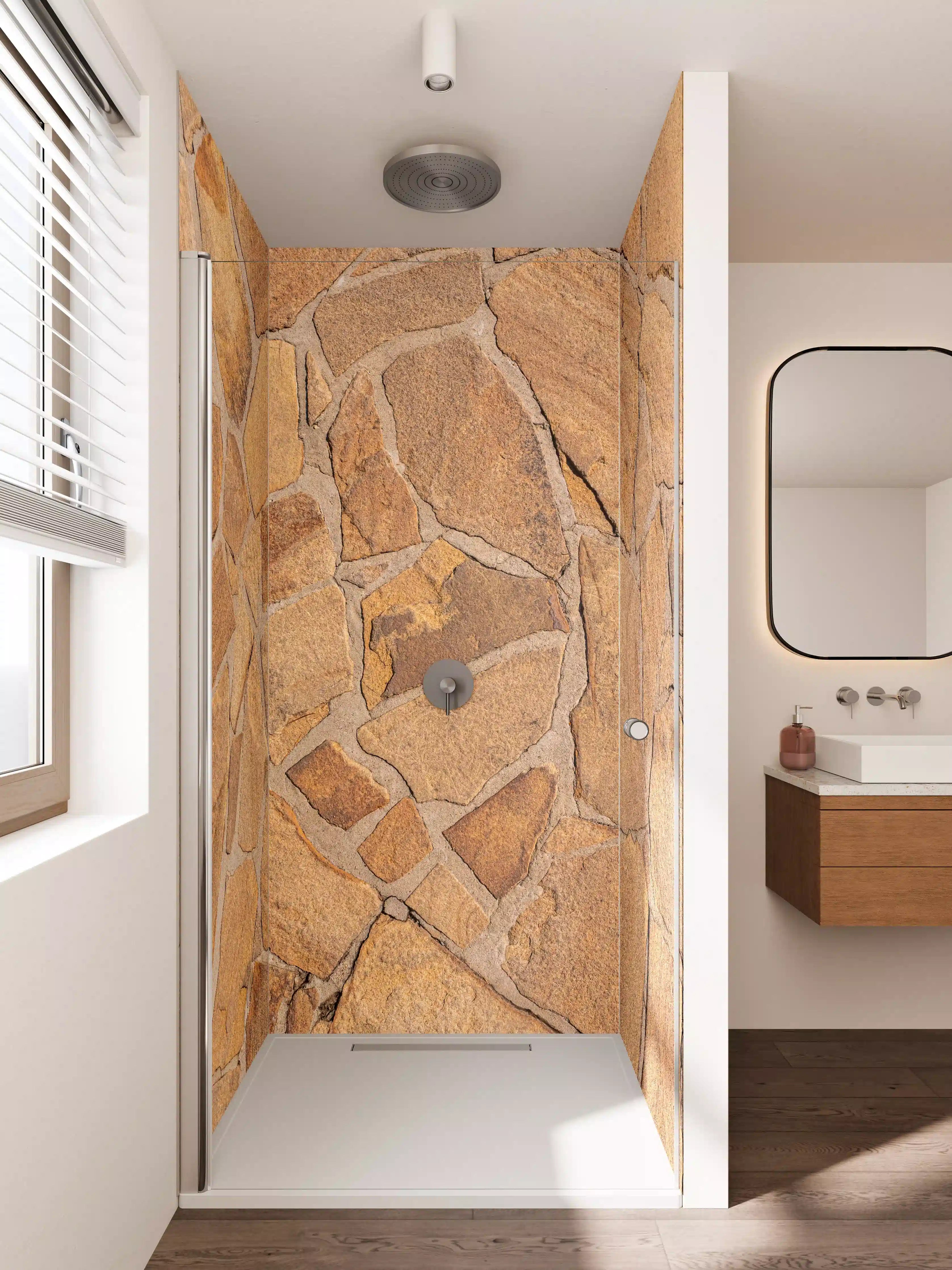 Duschrückwand - Sandsteinmauer in Erdtönen