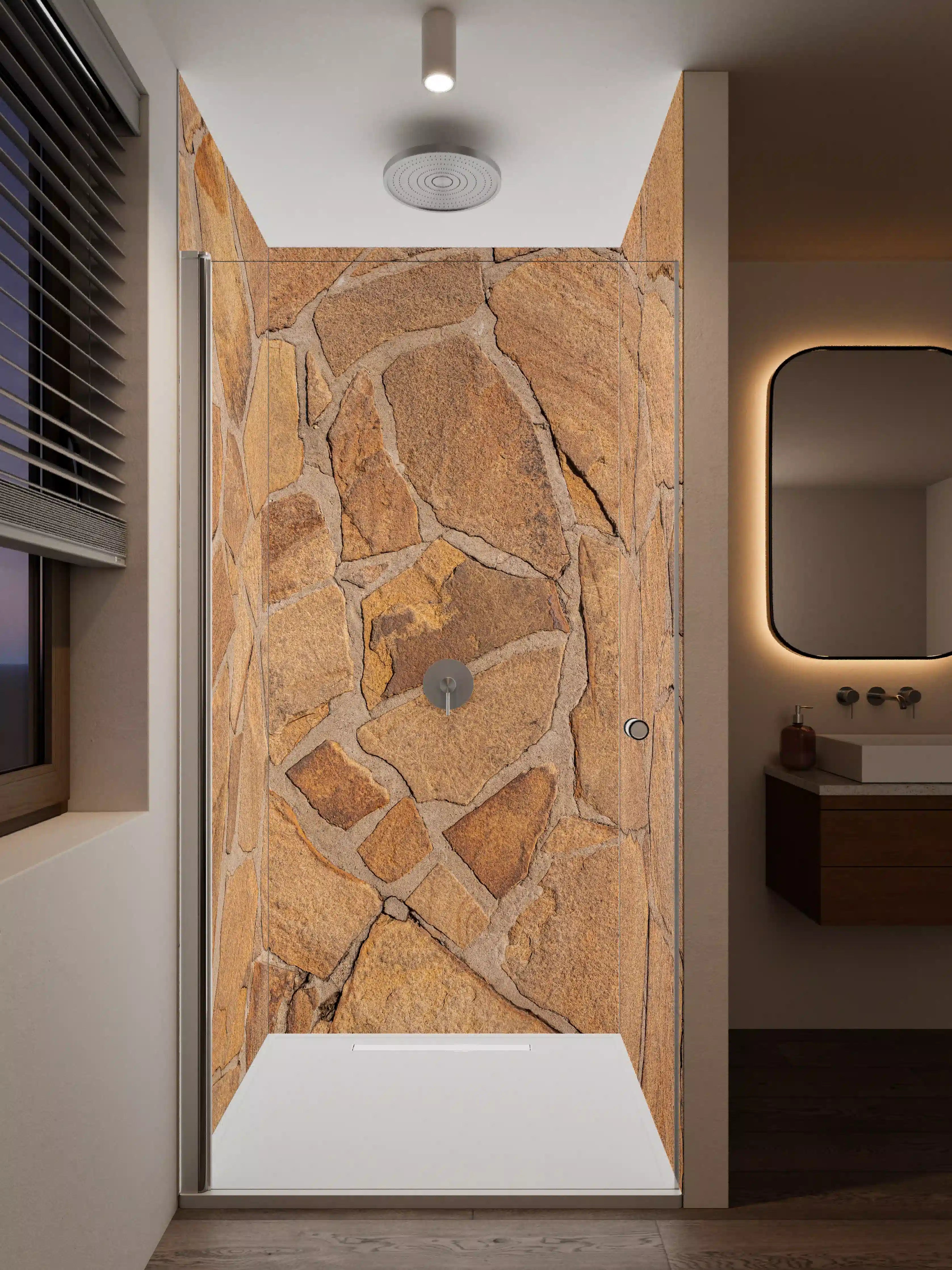 Duschrückwand - Sandsteinmauer in Erdtönen