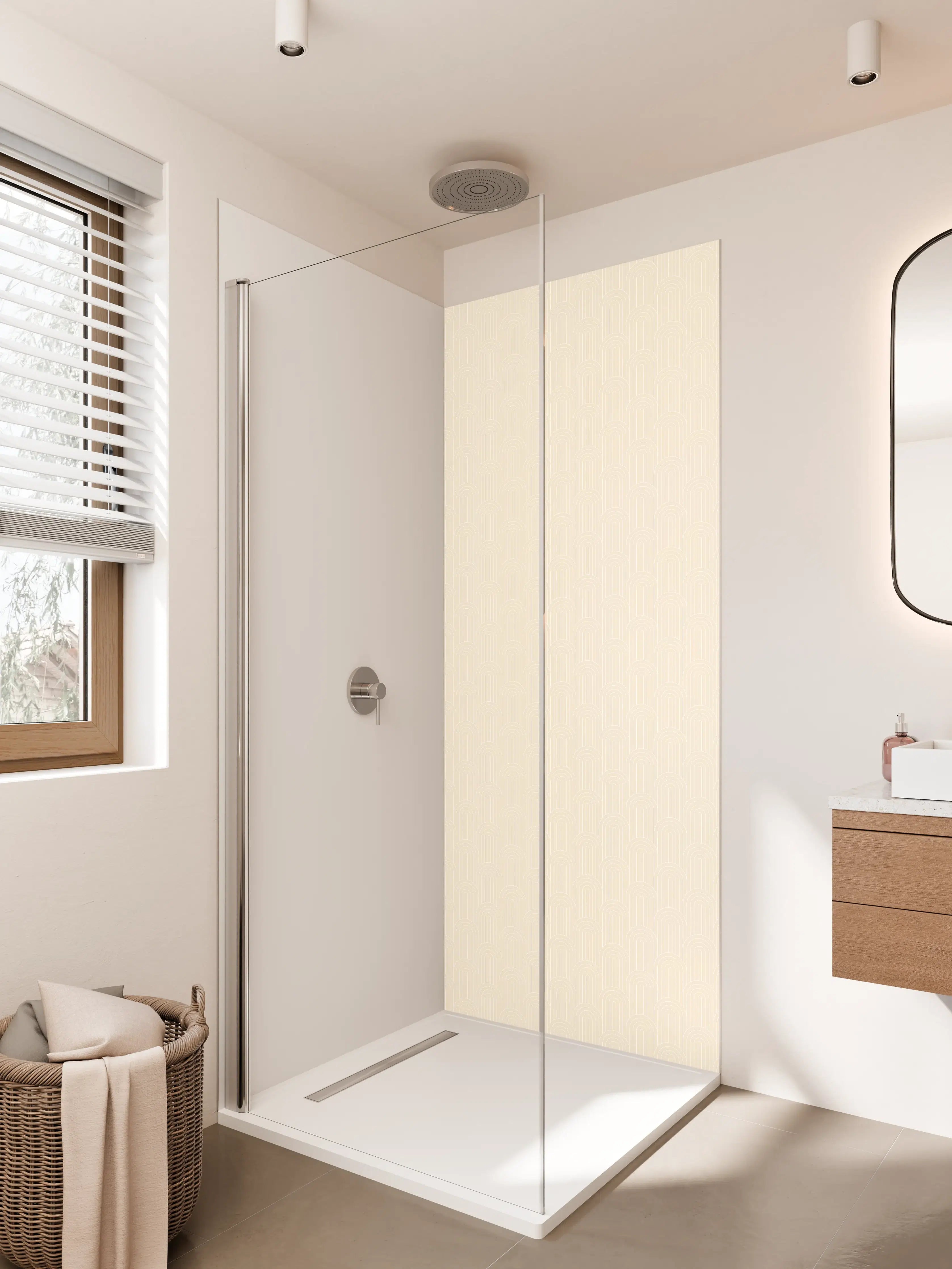 Duschrückwand - Sanfte Grautöne auf weißer Wand