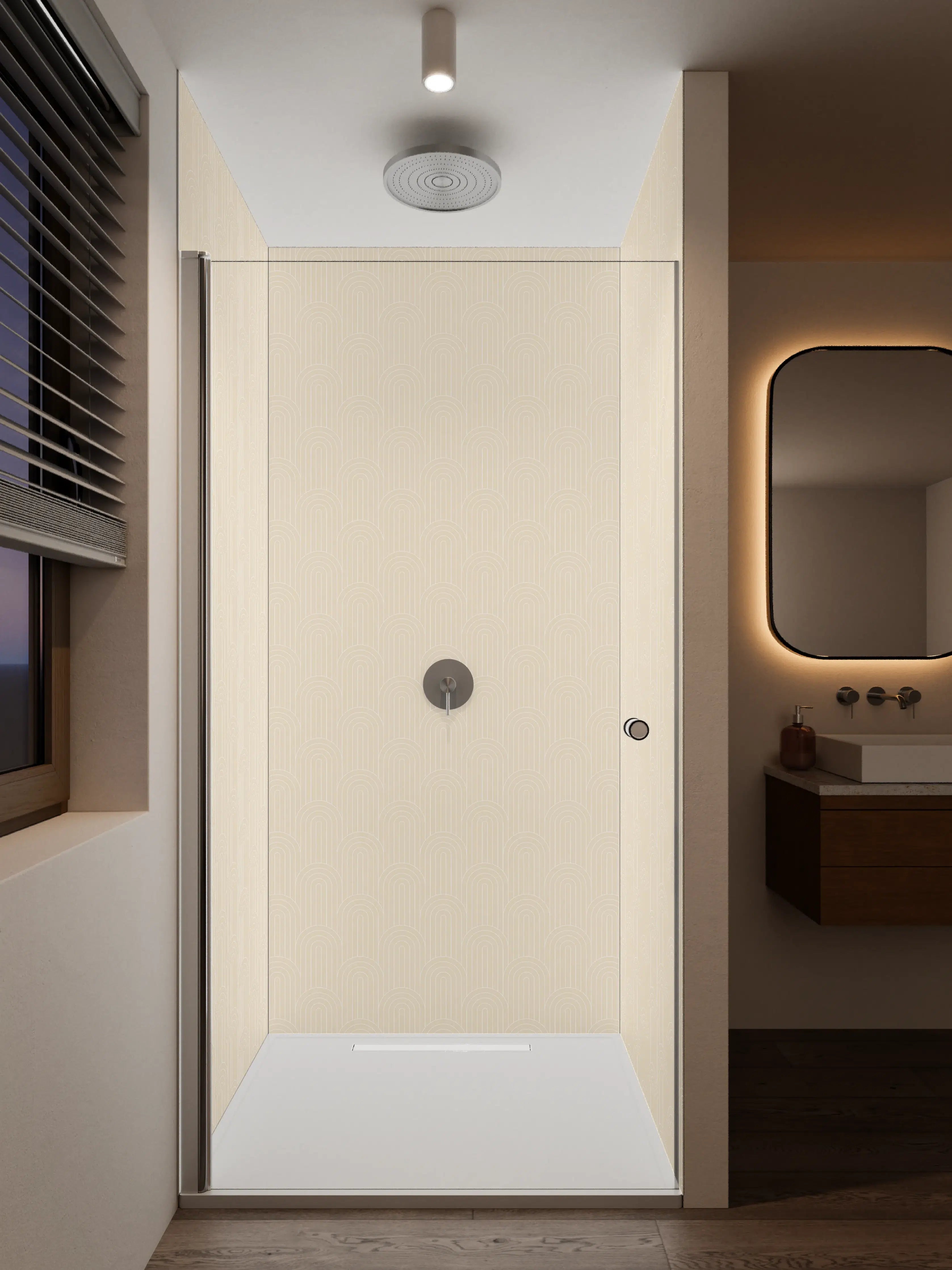 Duschrückwand - Sanfte Grautöne auf weißer Wand