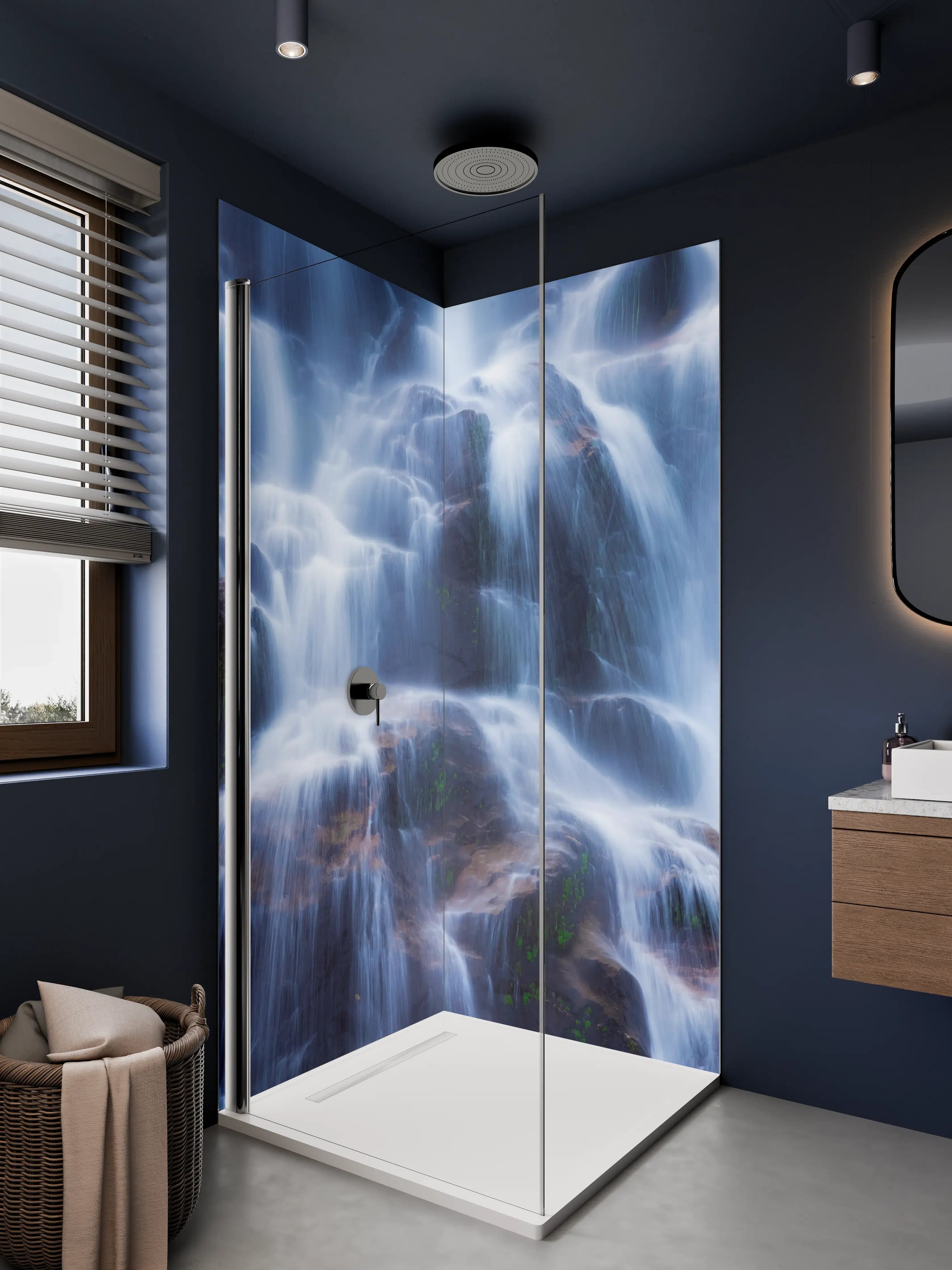 Duschrückwand - Sanfte Wasserfälle auf dunklem Felsen