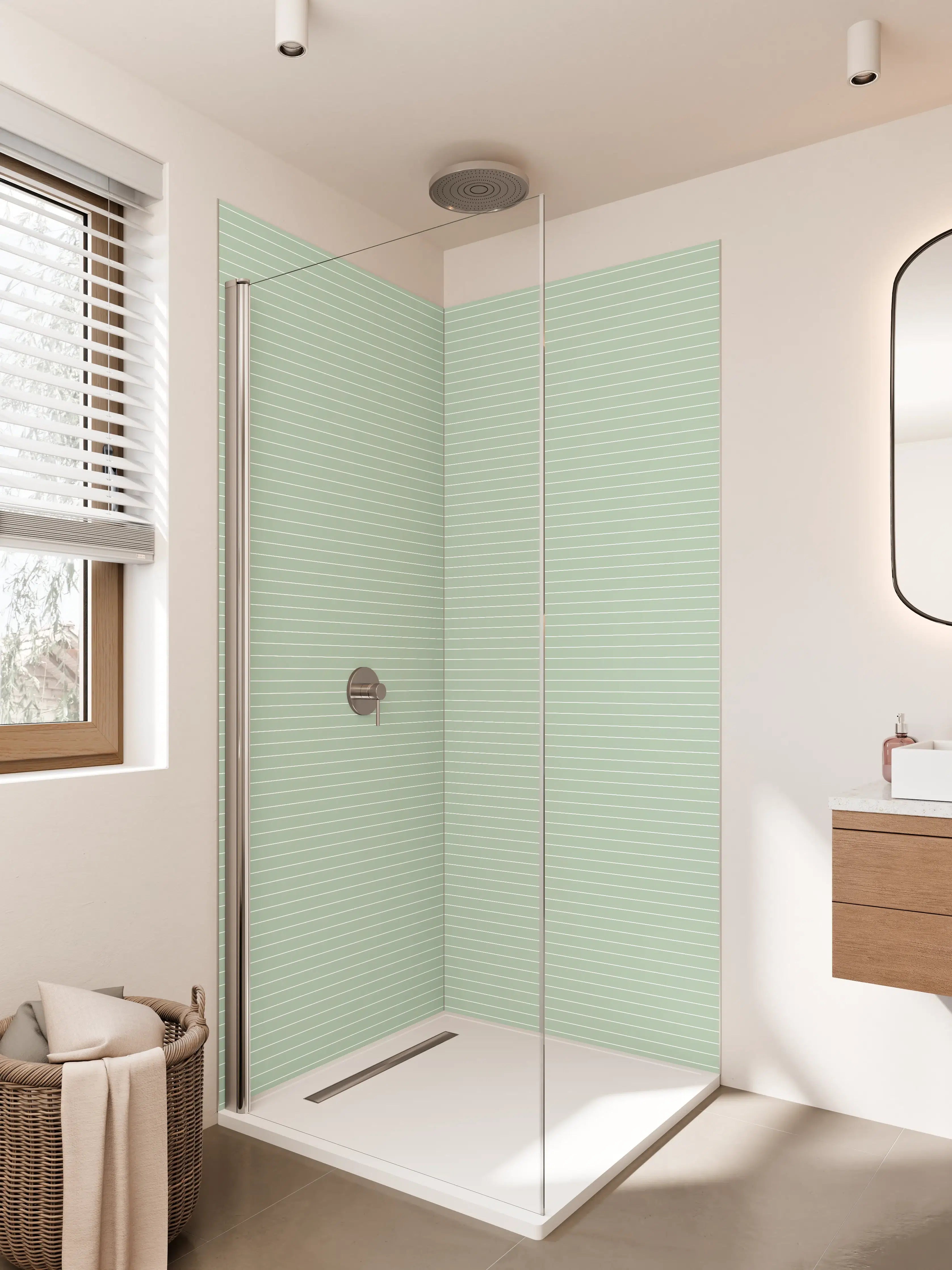 Duschrückwand - Sanfte grüne Streifen mit weißem Rand