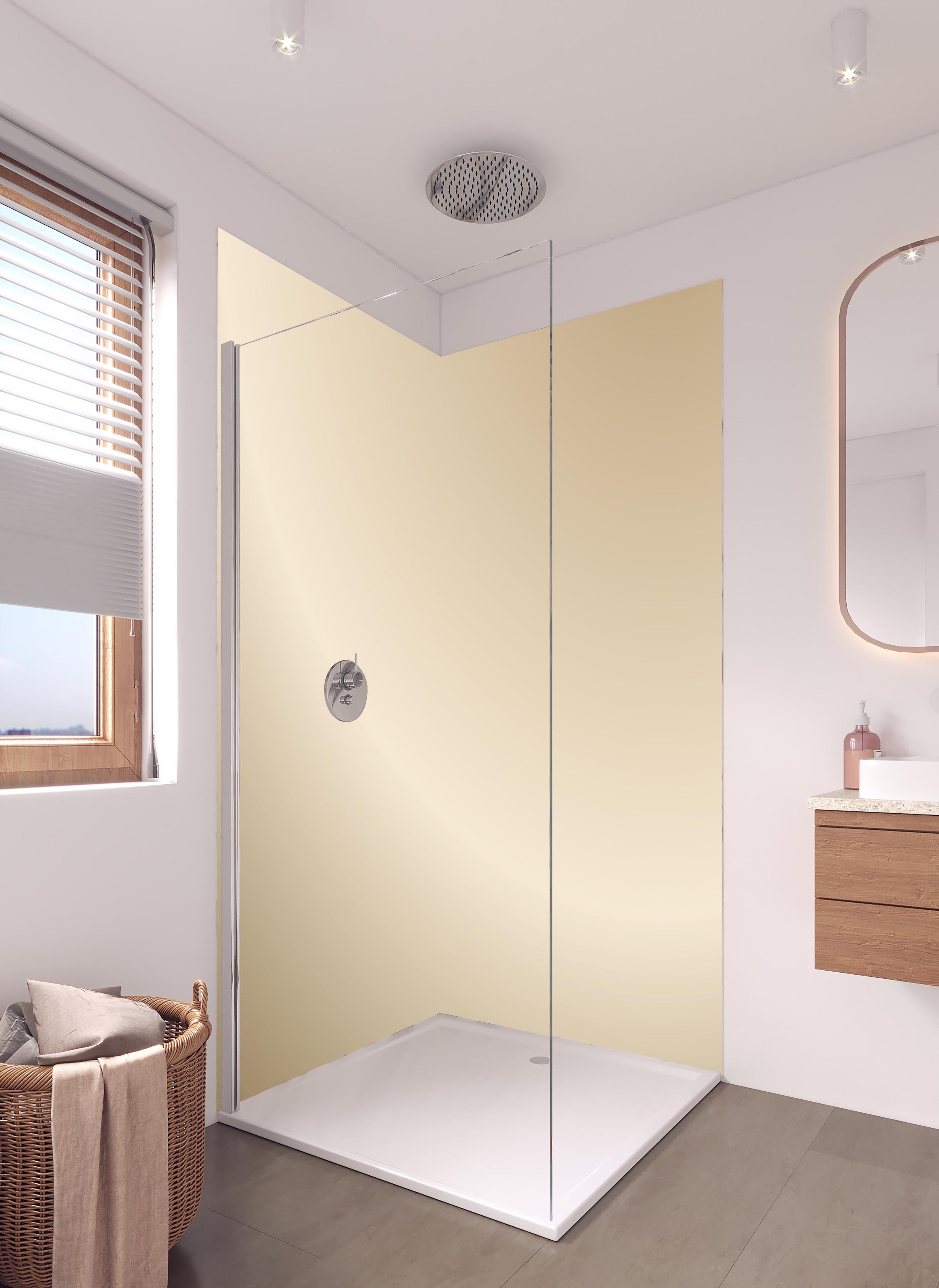 Duschrückwand - Sanfter Beige-Creme Farbverlauf Hintergrund in hellem Badezimmer mit Regenduschkopf - zweiteilige Eck-Duschrückwand