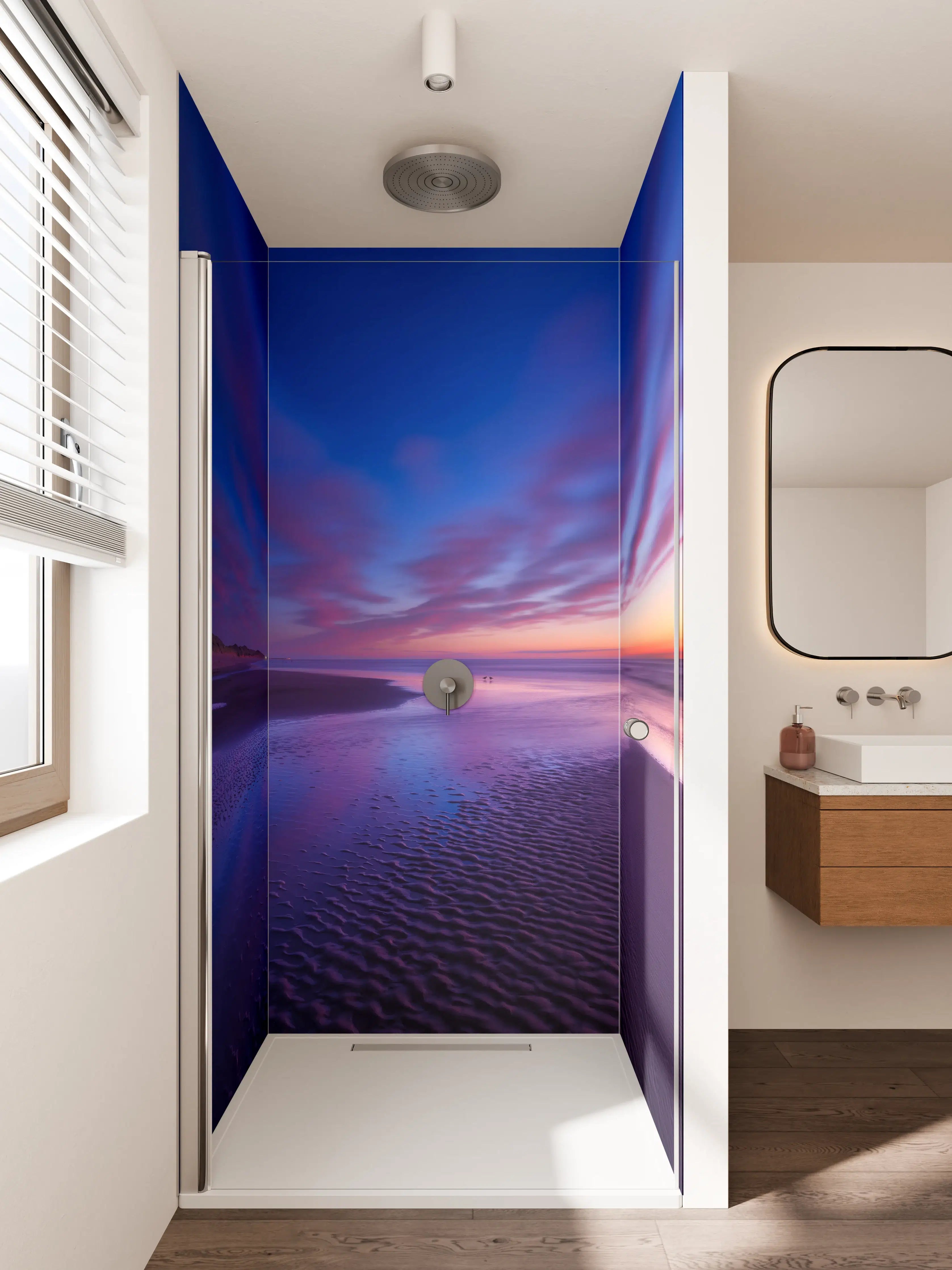 Duschrückwand - Sanfter Grau-Schein am Meer